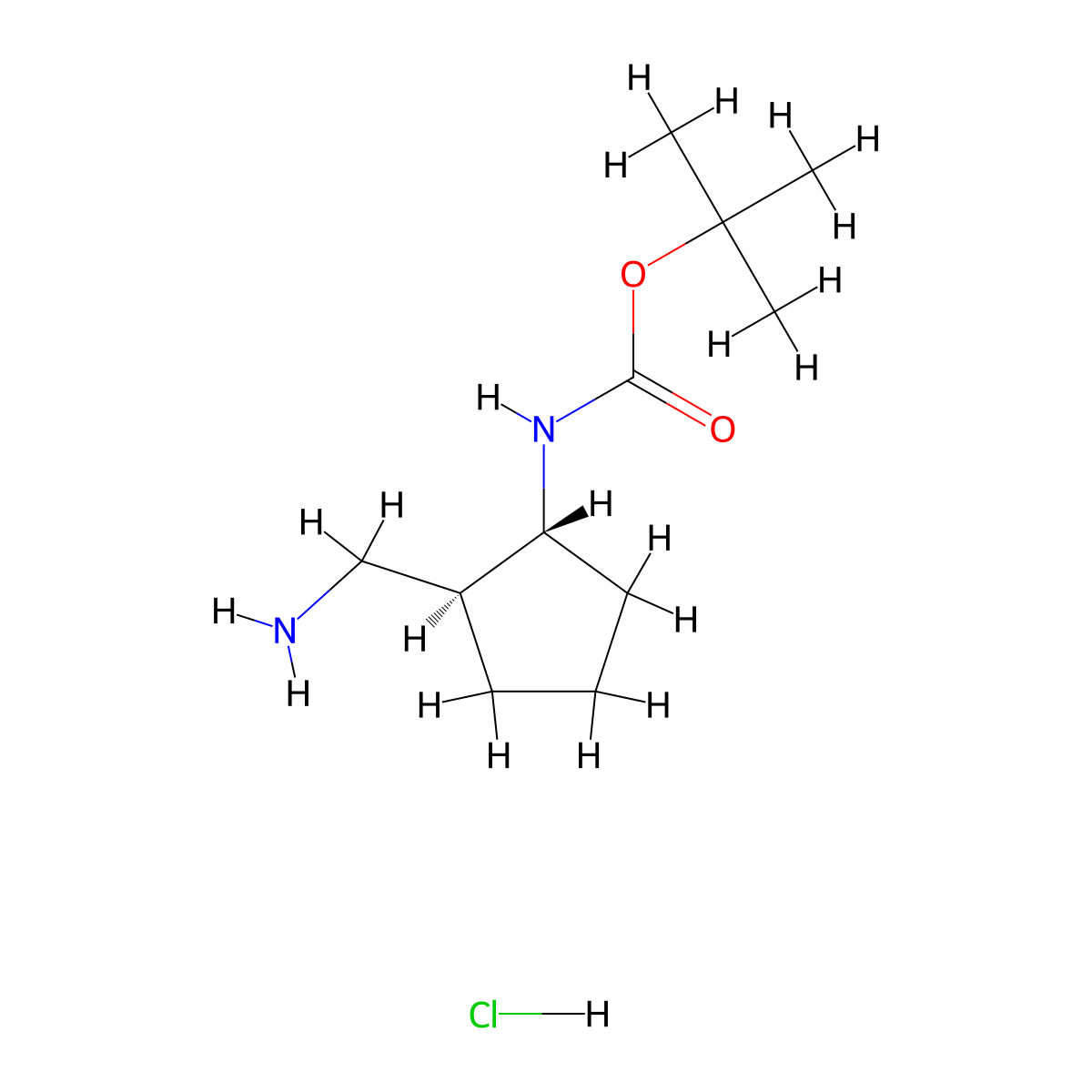 tert-butyl ((1R,2S)-2-(aminomethyl)cyclopentyl)carbamate hydrochloride molecular structure, CAS 2411591-58-5