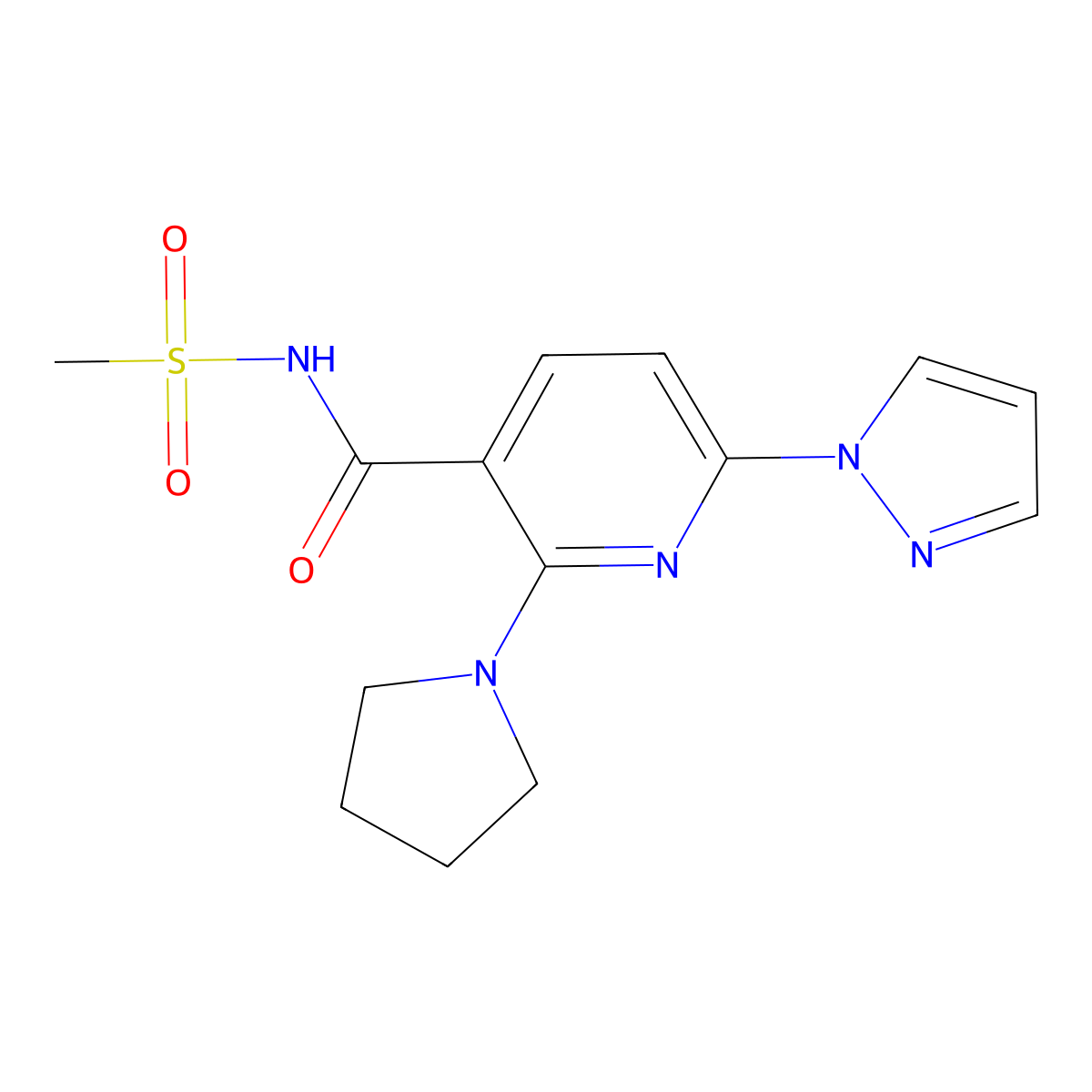 N-(methylsulfonyl)-6-(1H-pyrazol-1-yl)-2-(pyrrolidin-1-yl)nicotinamide molecular structure, CAS 2411635-59-9