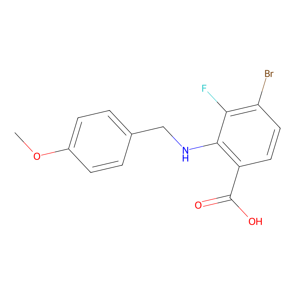 4-Bromo-3-fluoro-2-((4-methoxybenzyl)amino)benzoic acid molecular structure, CAS 2411636-36-5