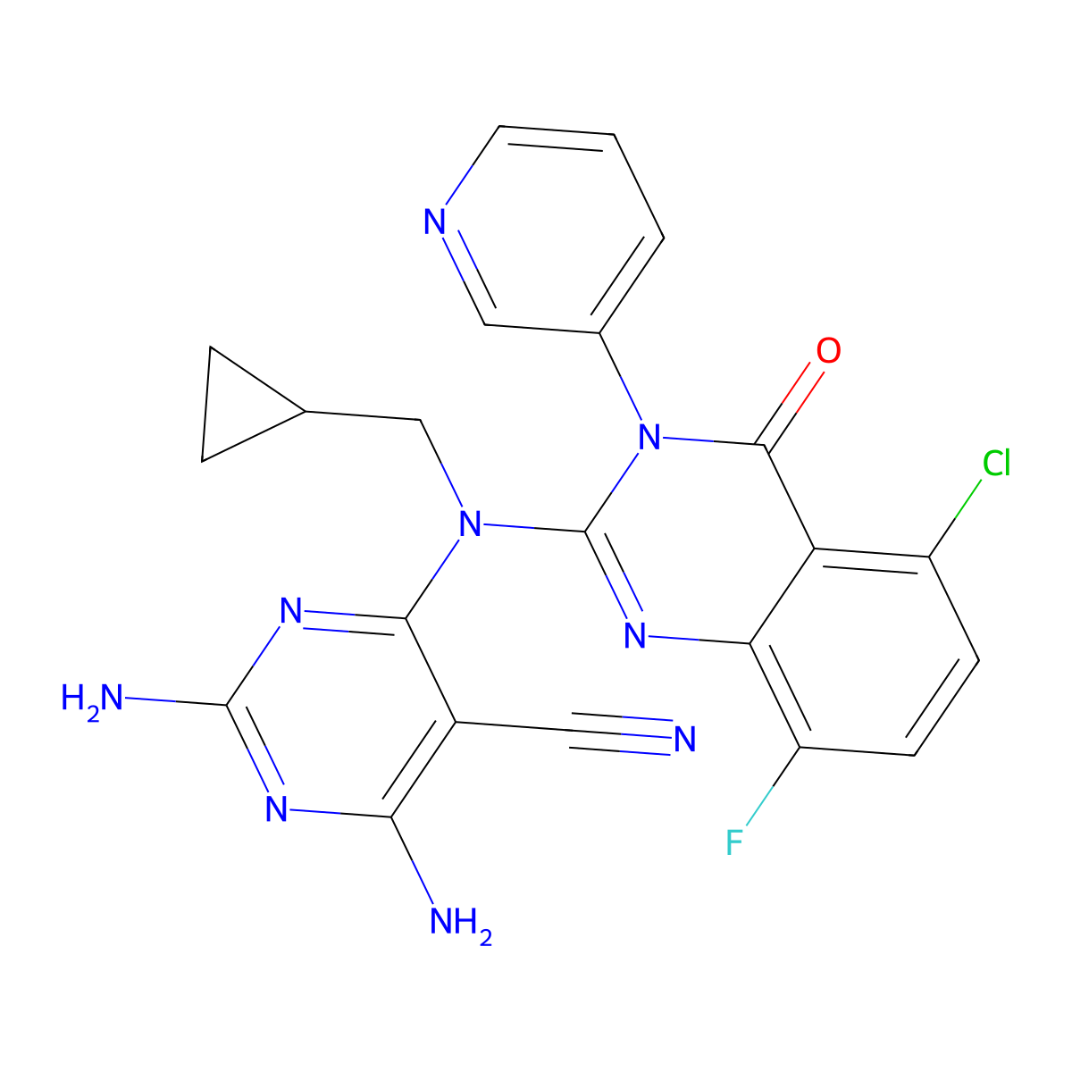 (R)-2,4-diamino-6-((5-chloro-8-fluoro-4-oxo-3-(pyridin-3-yl)-3,4-dihydroquinazolin-2-yl)(cyclopropyl)methylamino)pyrimidine-5-carbonitrile molecular structure, CAS 2411636-72-9