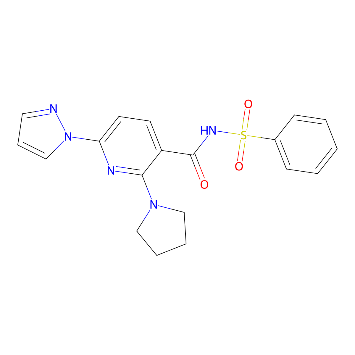 N-(phenylsulfonyl)-6-(1H-pyrazol-1-yl)-2-(pyrrolidin-1-yl)nicotinamide molecular structure, CAS 2411638-60-1