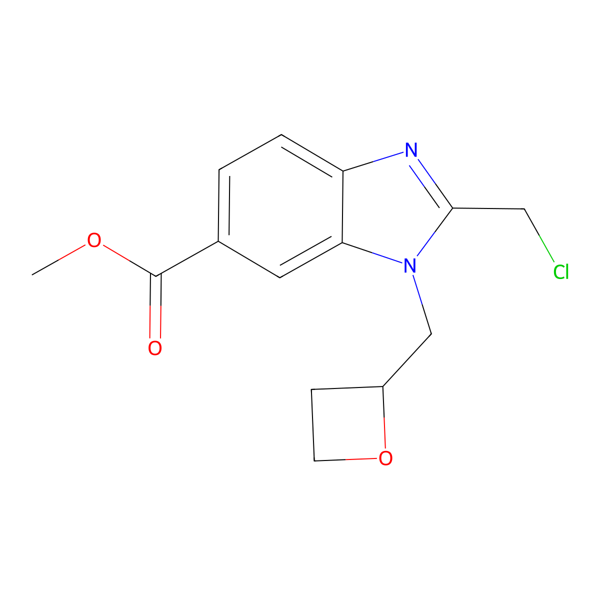 Methyl 2-(chloromethyl)-3-(oxetan-2-ylmethyl)benzimidazole-5-carboxylate molecular structure, CAS 2411640-66-7