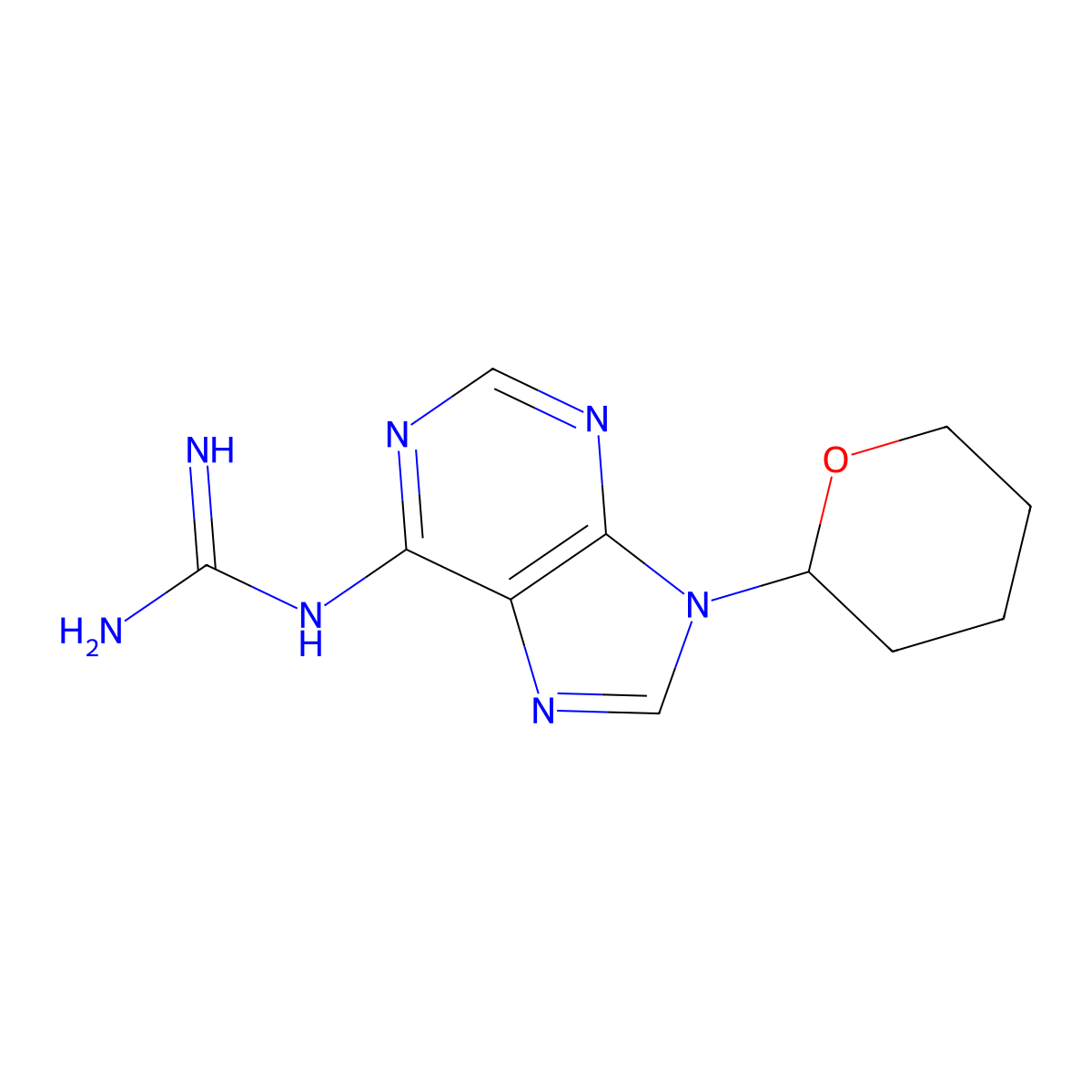 (9-(tetrahydro-2H-pyran-2-yl)-9H-purin-6-yl)guanidine molecular structure, CAS 2411641-20-6