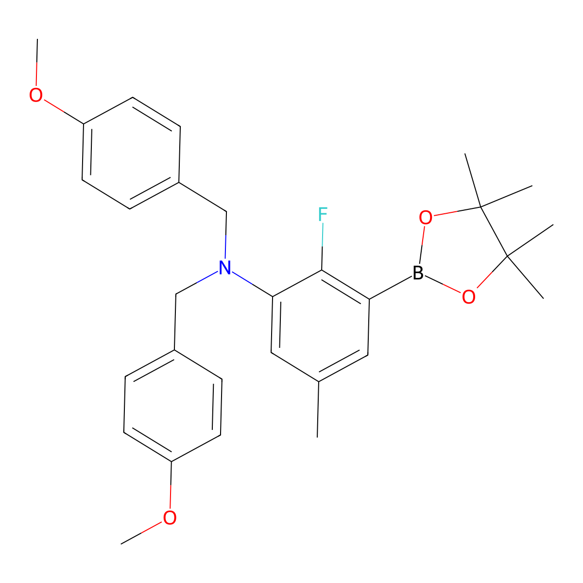 2-Fluoro-N,N-bis(4-methoxybenzyl)-5-methyl-3-(4,4,5,5-tetramethyl-1,3,2-dioxaborolan-2-yl)aniline molecular structure, CAS 2411791-72-3