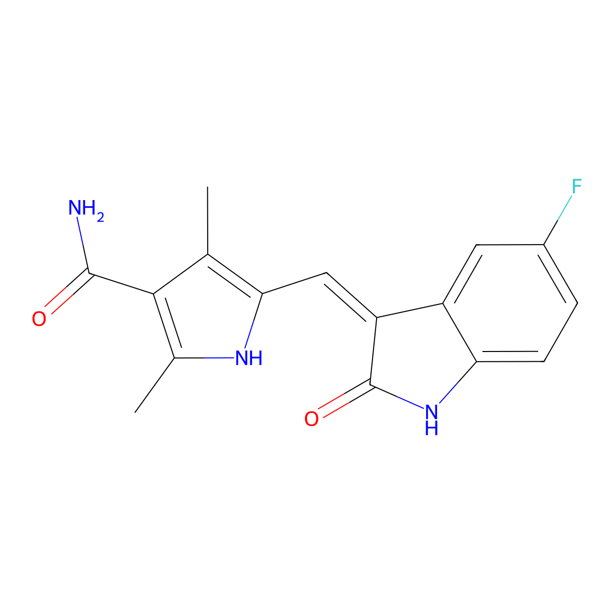 (Z)-5-((5-fluoro-2-oxoindolin-3-ylidene)Methyl)-2,4-diMethyl-1H-pyrrole-3-carboxaMide molecular structure, CAS 2411816-52-7
