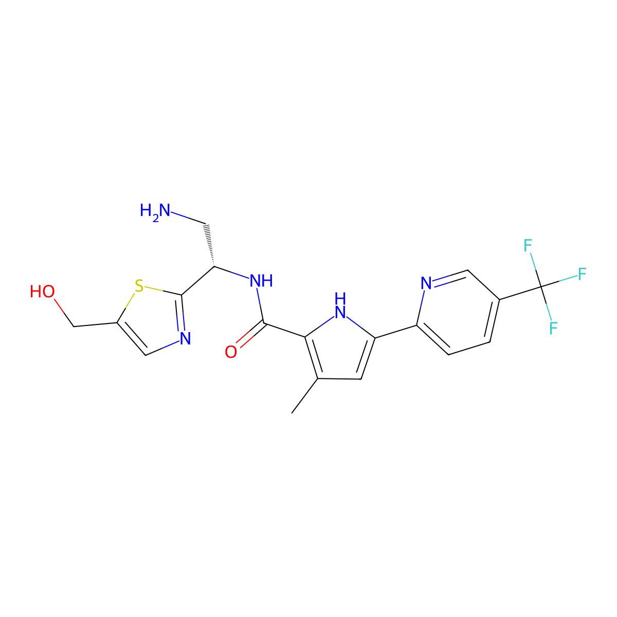 N-[(1S)-2-amino-1-[5-(hydroxymethyl)-1,3-thiazol-2-yl]ethyl]-3-methyl-5-[5-(trifluoromethyl)-2-pyridinyl]-1H-pyrrole-2-carboxamide molecular structure, CAS 2411819-82-2