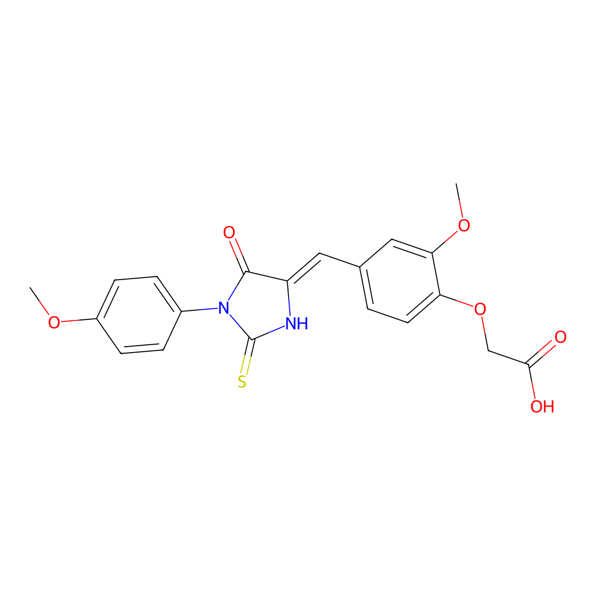 (Z)-2-(2-Methoxy-4-((1-(4-methoxyphenyl)-5-oxo-2-thioxoimidazolidin-4-ylidene)methyl)phenoxy)acetic acid molecular structure, CAS 2411852-67-8