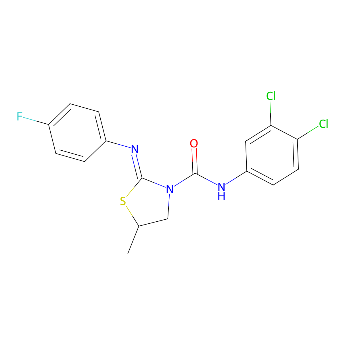N-(3,4-Dichlorophenyl)-2-((4-fluorophenyl)imino)-5-methylthiazolidine-3-carboxamide molecular structure, CAS 2411853-34-2