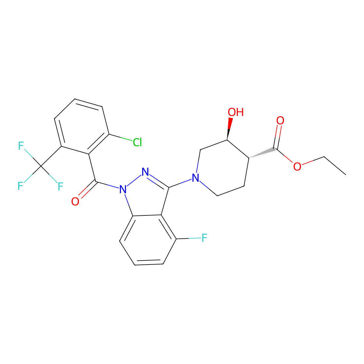 ethyl (3S,4R)-1-(1-(2-chloro-6-(trifluoromethyl)benzoyl)-4-fluoro-1H-indazol-3-yl)-3-hydroxypiperidine-4-carboxylate molecular structure, CAS 2411881-21-3
