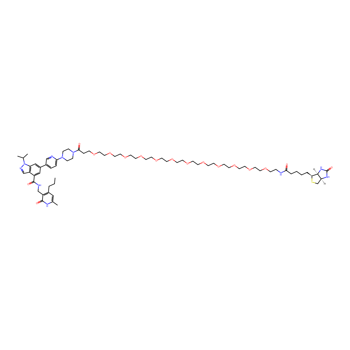 6-[6-[4-[3-[2-[2-[2-[2-[2-[2-[2-[2-[2-[2-[2-[2-[5-[(3aS,4S,6aR)-2-oxo-1,3,3a,4,6,6a-hexahydrothieno[3,4-d]imidazol-4-yl]pentanoylamino]ethoxy]ethoxy]ethoxy]ethoxy]ethoxy]ethoxy]ethoxy]ethoxy]ethoxy]ethoxy]ethoxy]ethoxy]propanoyl]piperazin-1-yl]-3-pyridinyl]-N-[(6-methyl-2-oxo-4-propyl-1H-pyridin-3-yl)methyl]-1-propan-2-ylindazole-4-carboxamide molecular structure, CAS 2412791-72-9