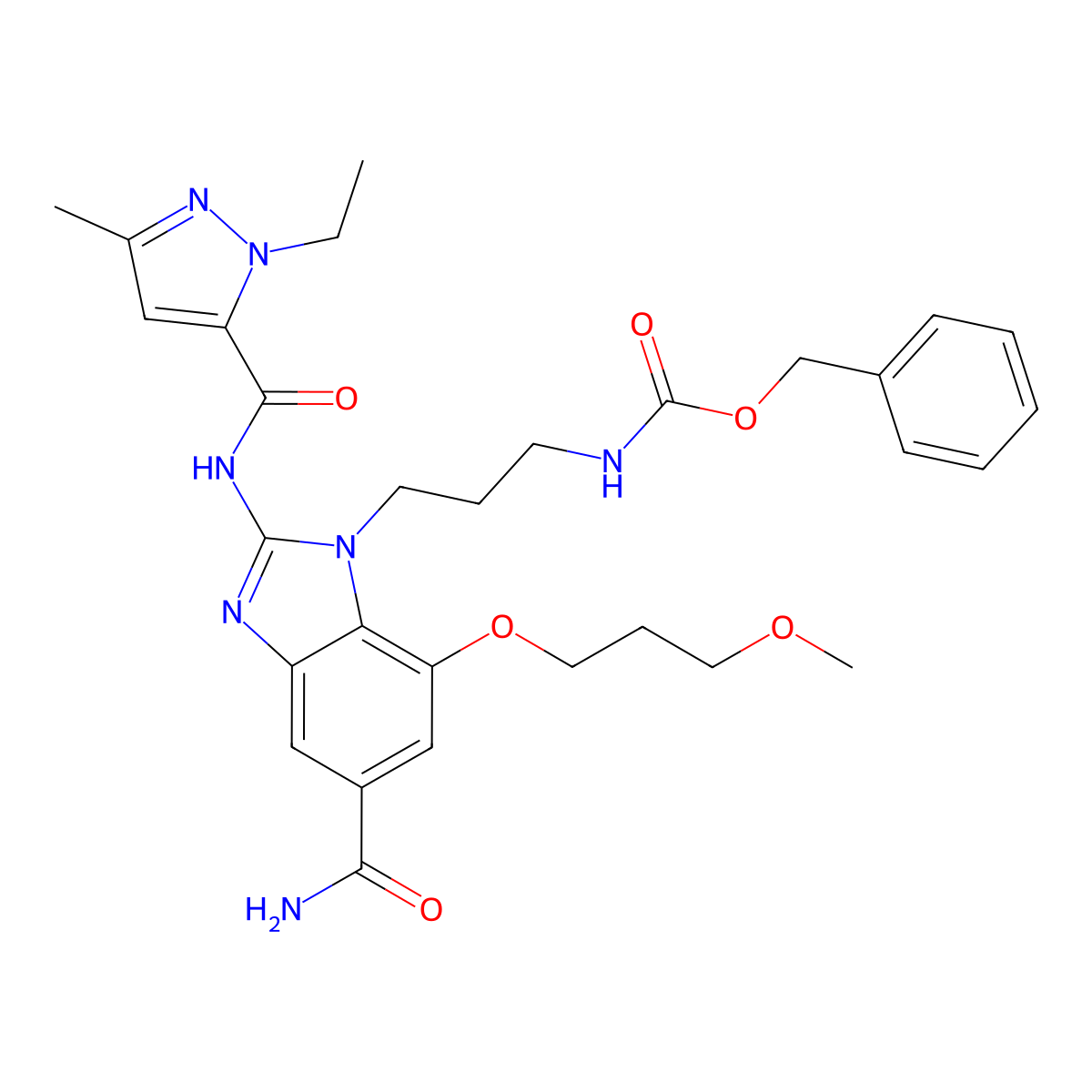 benzyl (3-(5-carbamoyl-2-(1-ethyl-3-methyl-1H-pyrazole-5-carboxamido)-7-(3-methoxypropoxy)-1H-benzo[d]imidazol-1-yl)propyl)carbamate molecular structure, CAS 2412902-55-5
