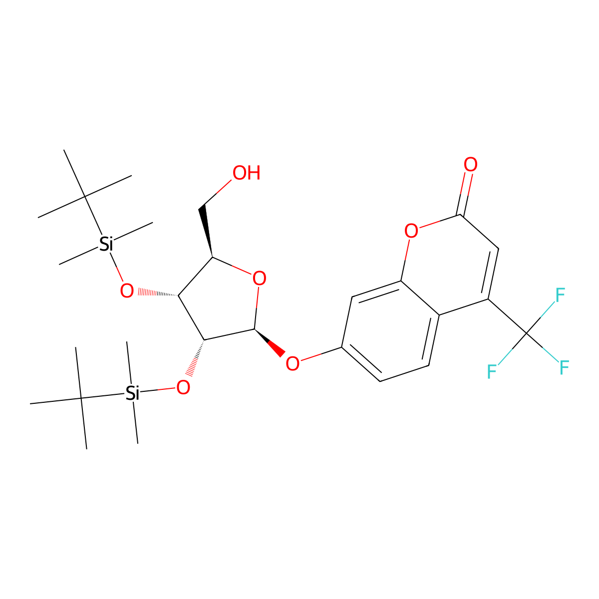 7-(((2S,3R,4R,5R)-3,4-bis((tert-butyldimethylsilyl)oxy)-5-(hydroxymethyl)tetrahydrofuran-2-yl)oxy)-4-(trifluoromethyl)-2H-chromen-2-one molecular structure, CAS 2412923-37-4