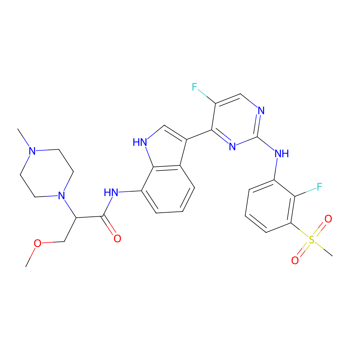 N-[3-[5-fluoro-2-(2-fluoro-3-methylsulfonyl-anilino)pyrimidin-4-yl]-1H-indol-7-yl]-3-methoxy-2-(4-methylpiperazin-1-yl)propanamide molecular structure, CAS 2412943-81-6