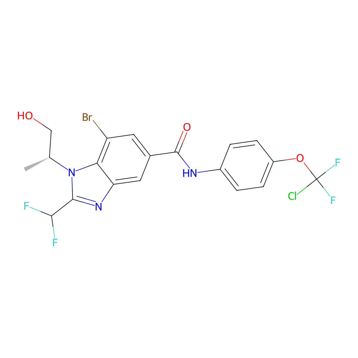 (R)-7-Bromo-N-[4-(chlorodifluoromethoxy)phenyl]-2-(difluoromethyl)-1-(1-hydroxypropan-2-yl)-1H-benzo[d]imidazole-5-carboxamide molecular structure, CAS 2412969-27-6