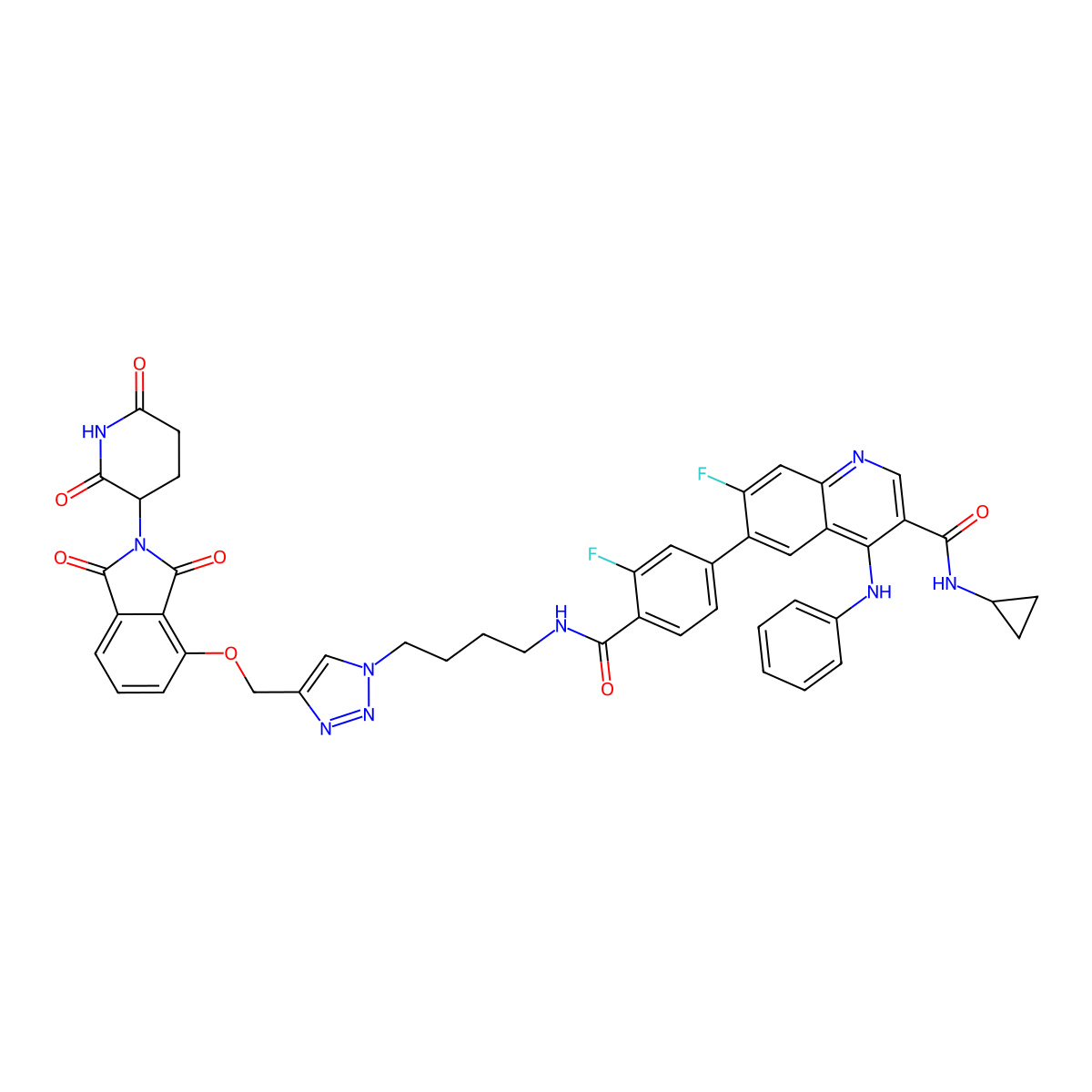 4-anilino-N-cyclopropyl-6-[4-[4-[4-[[2-(2,6-dioxopiperidin-3-yl)-1,3-dioxoisoindol-4-yl]oxymethyl]triazol-1-yl]butylcarbamoyl]-3-fluorophenyl]-7-fluoroquinoline-3-carboxamide molecular structure, CAS 2412985-00-1