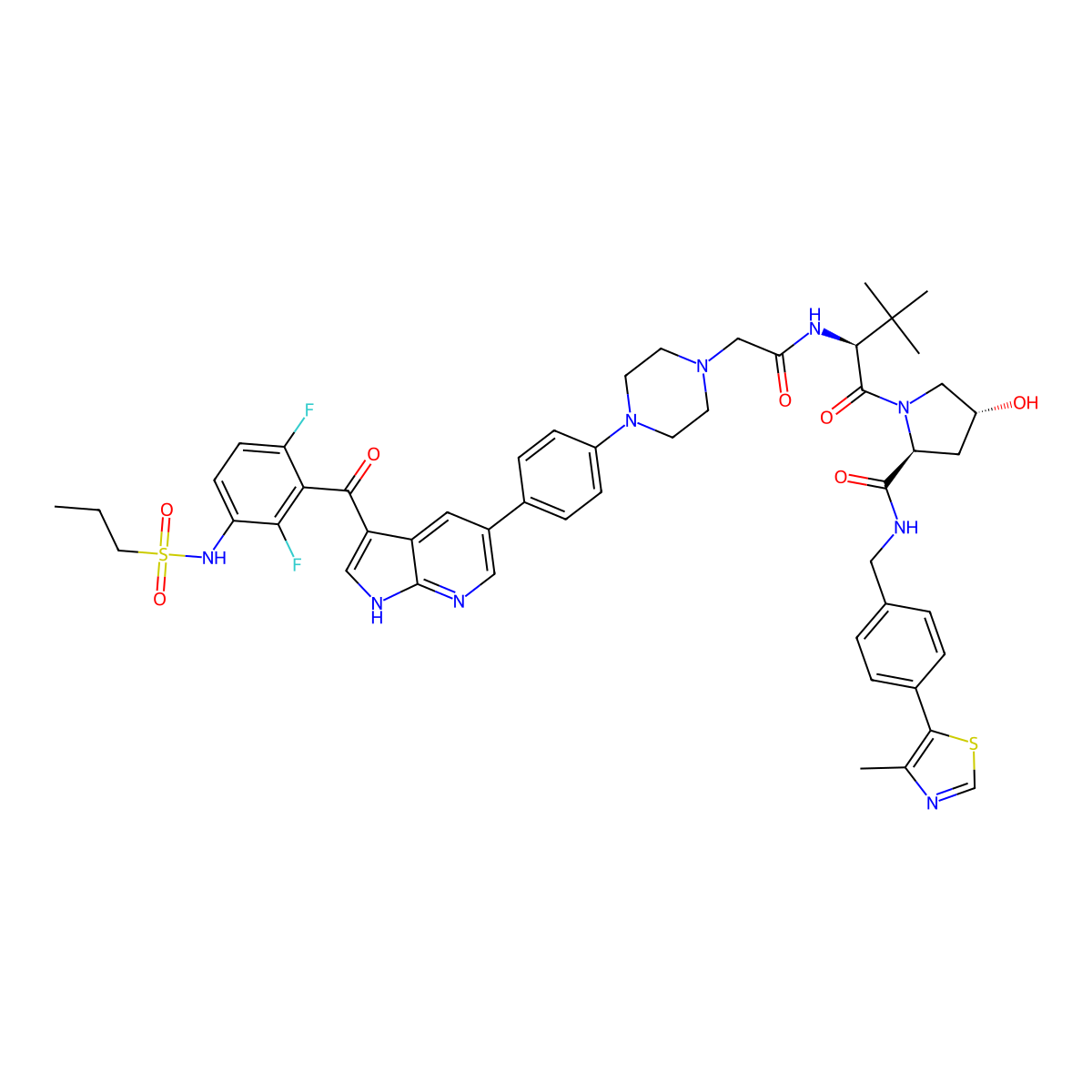 (2S,4R)-1-[(2S)-2-{2-[4-(4-{3-[2,6-difluoro-3-(propane-1-sulfonamido)benzoyl]-1H-pyrrolo[2,3-b]pyridin-5-yl}phenyl)piperazin-1-yl]acetamido}-3,3-dimethylbutanoyl]-4-hydroxy-N-{[4-(4-methyl-1,3-thiazol-5-yl)phenyl]methyl}pyrrolidine-2-carboxamide molecular structure, CAS 2413035-41-1