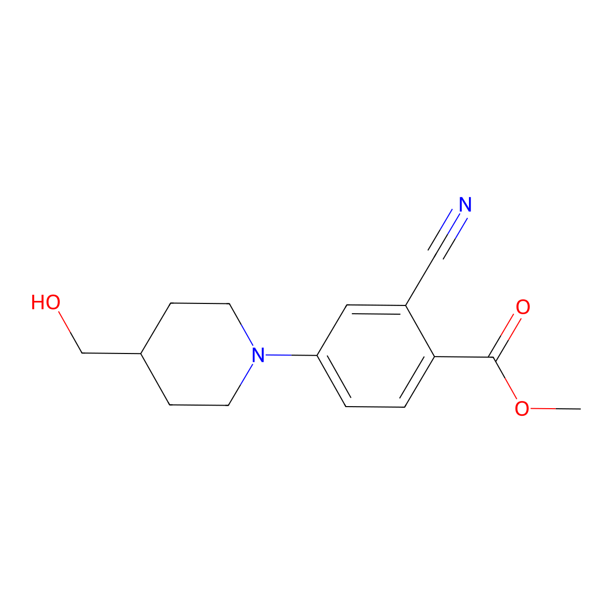 Methyl 2-cyano-4-(4-(hydroxymethyl)piperidin-1-yl)benzoate molecular structure, CAS 2413038-01-2
