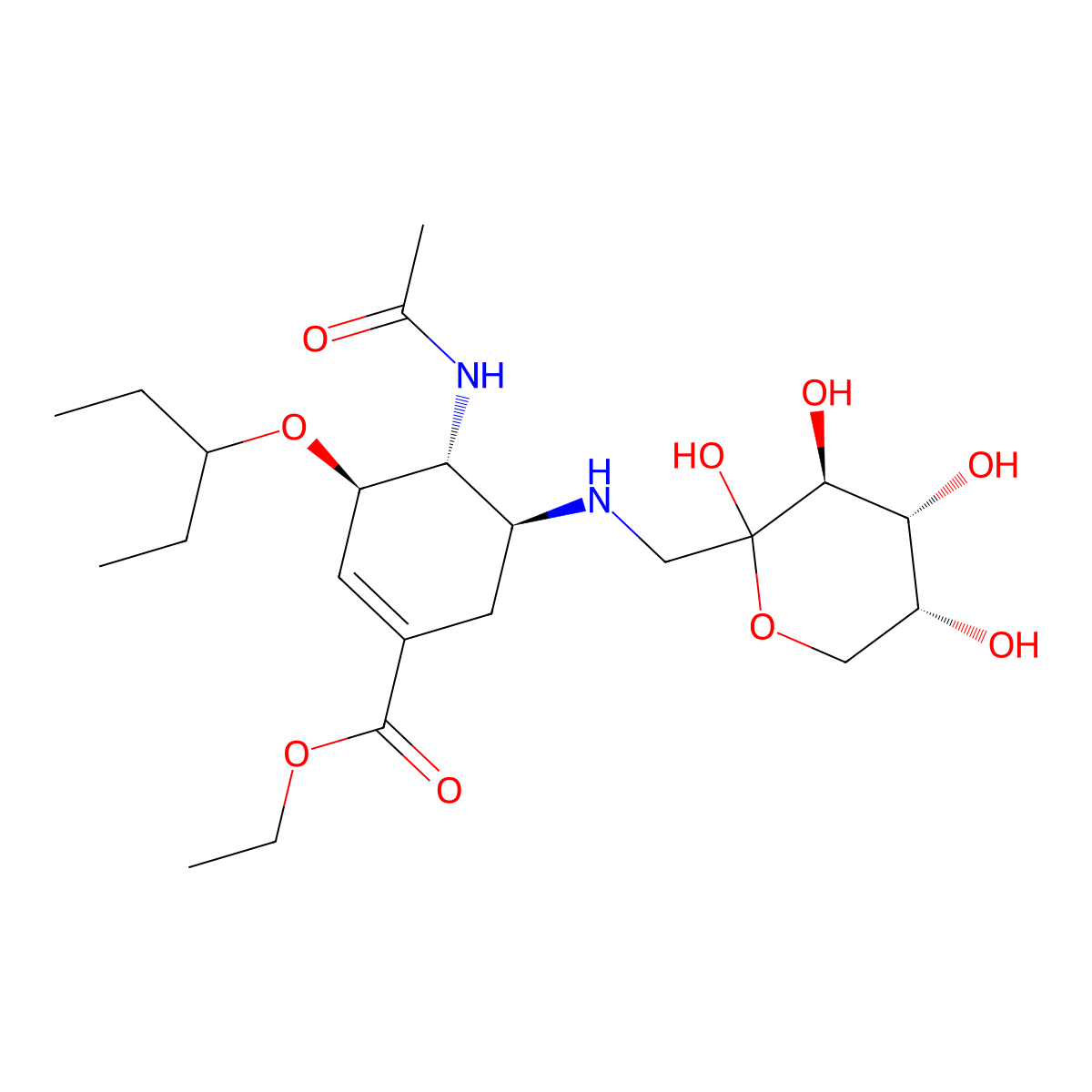 ethyl (3R,4R,5S)-4-acetamido-3-pentan-3-yloxy-5-[[(3S,4R,5R)-2,3,4,5-tetrahydroxyoxan-2-yl]methylamino]cyclohexene-1-carboxylate molecular structure, CAS 2413185-85-8