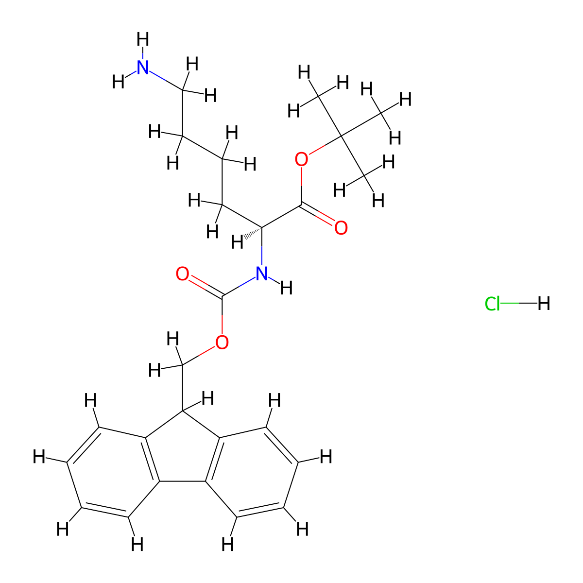 (S)-tert-Butyl 2-((((9H-fluoren-9-yl)methoxy)carbonyl)amino)-6-aminohexanoate hydrochloride molecular structure, CAS 2413365-23-6