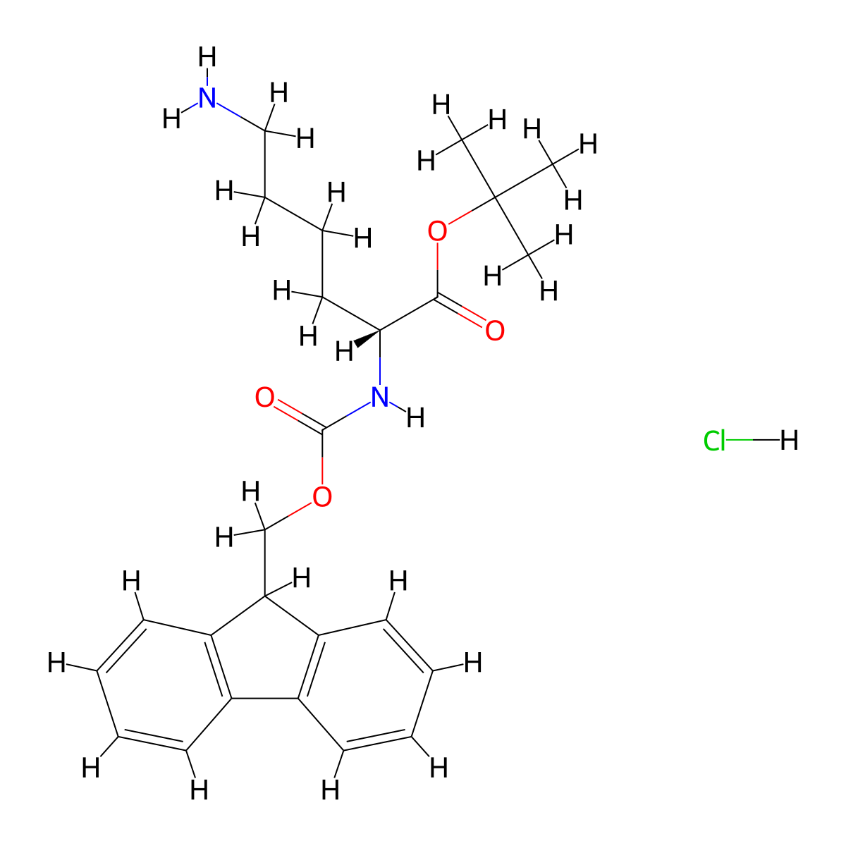 (R)-tert-Butyl 2-((((9H-fluoren-9-yl)methoxy)carbonyl)amino)-6-aminohexanoate hydrochloride molecular structure, CAS 2413365-27-0