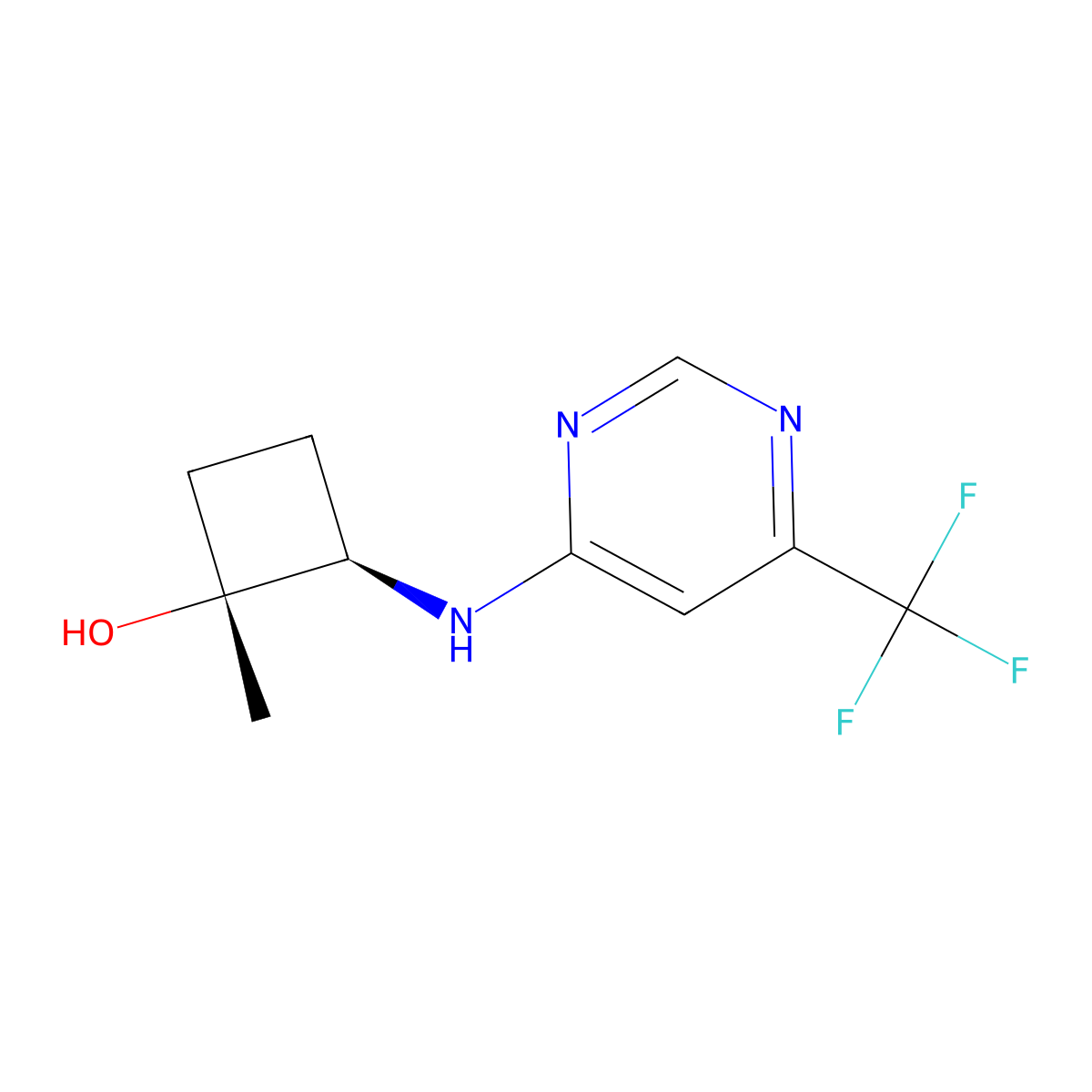 trans-1-Methyl-2-{[6-(trifluoromethyl)pyrimidin-4-yl]amino}cyclobutan-1-ol molecular structure, CAS 2413365-34-9