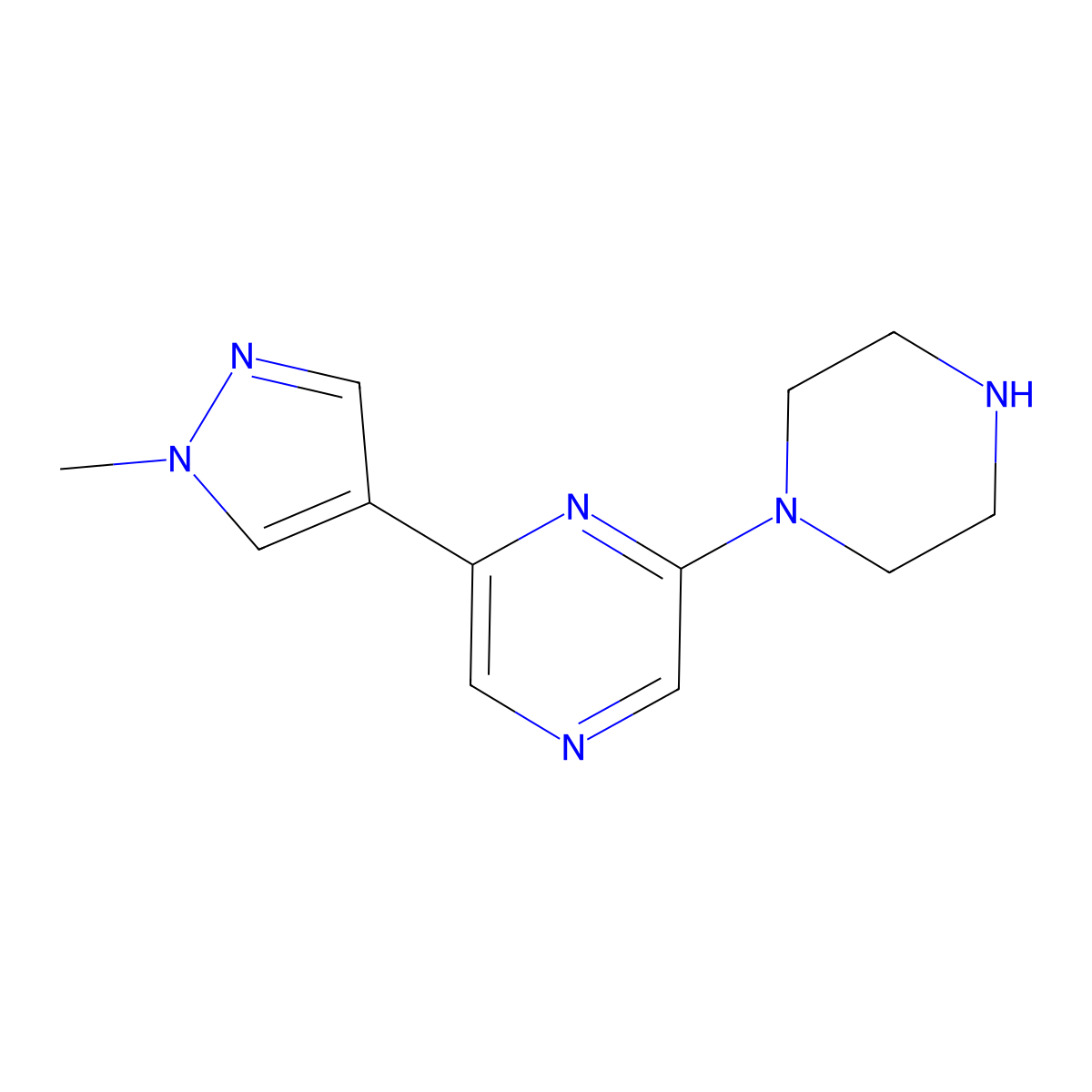 2-(1-methyl-1H-pyrazol-4-yl)-6-(piperazin-1-yl)pyrazine molecular structure, CAS 2413376-70-0