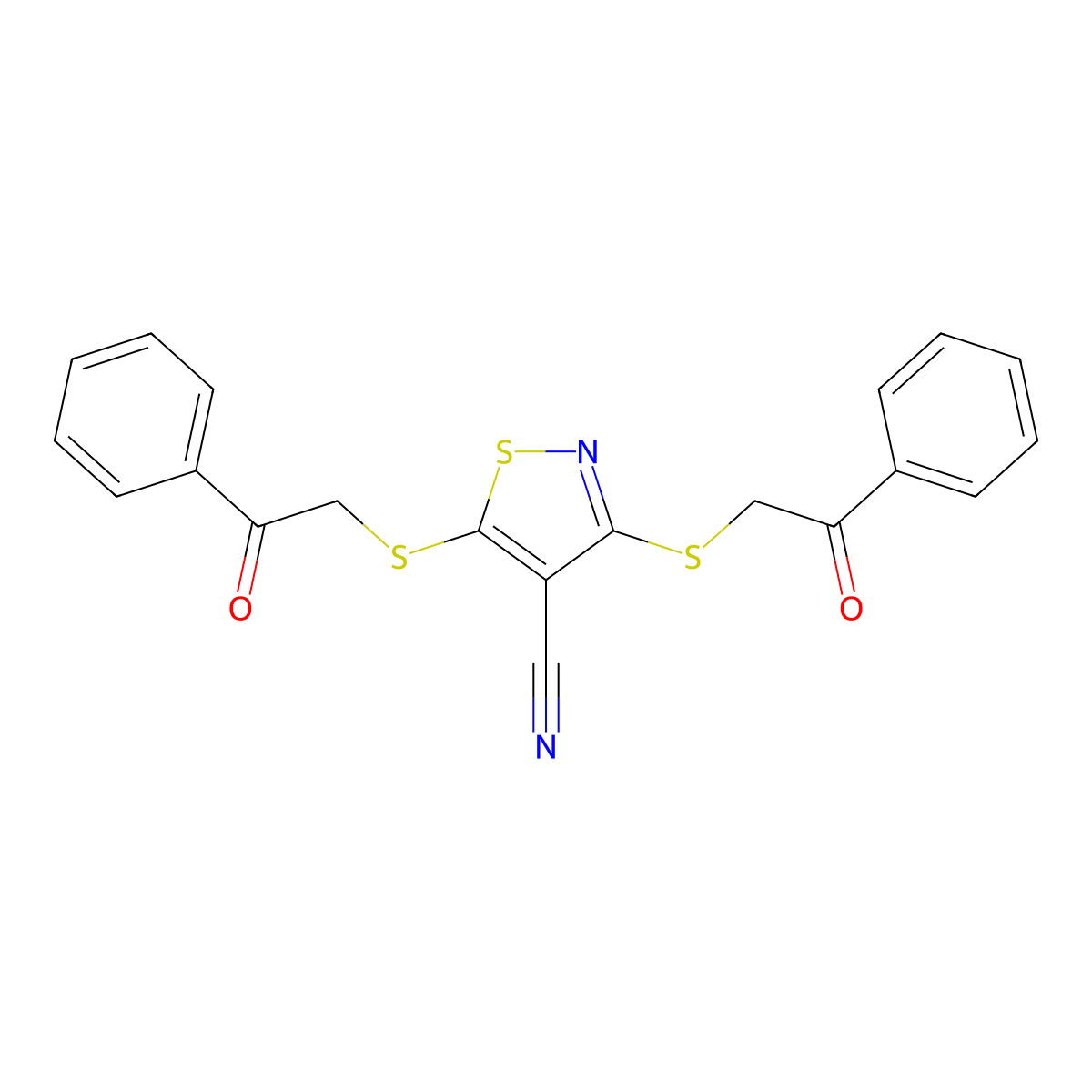 3,5-Bis((2-oxo-2-phenylethyl)thio)-4-isothiazolecarbonitrile molecular structure, CAS 24134-79-0