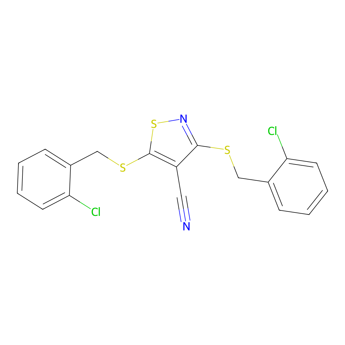 3,5-Bis[(2-chlorophenyl)methylsulfanyl]-1,2-thiazole-4-carbonitrile molecular structure, CAS 24134-80-3