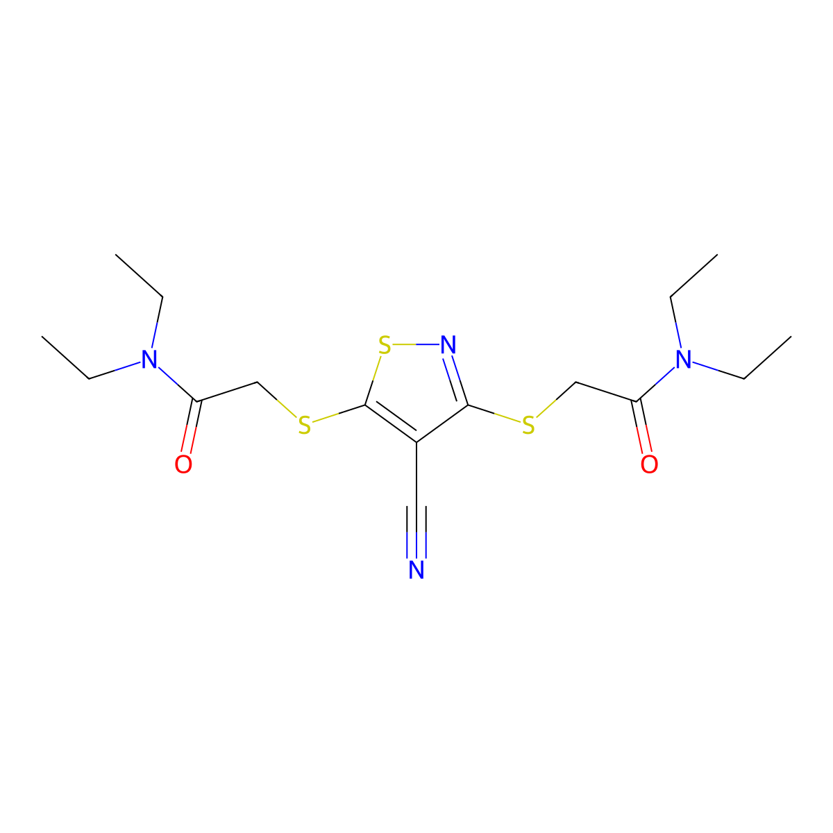 2-[(4-Cyano-3-{[2-(diethylamino)-2-oxoethyl]sulfanyl}-5-isothiazolyl)sulfanyl]-N,N-diethylacetamide molecular structure, CAS 24134-83-6
