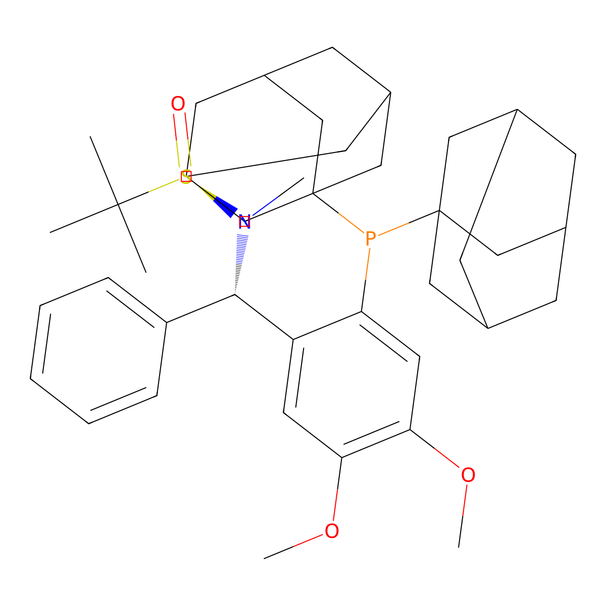(R)-N-((S)-(2-(Di(adamantan-1-yl)phosphanyl)-4,5-dimethoxyphenyl)(phenyl)methyl)-N,2-dimethylpropane-2-sulfinamide molecular structure, CAS 2413724-68-0