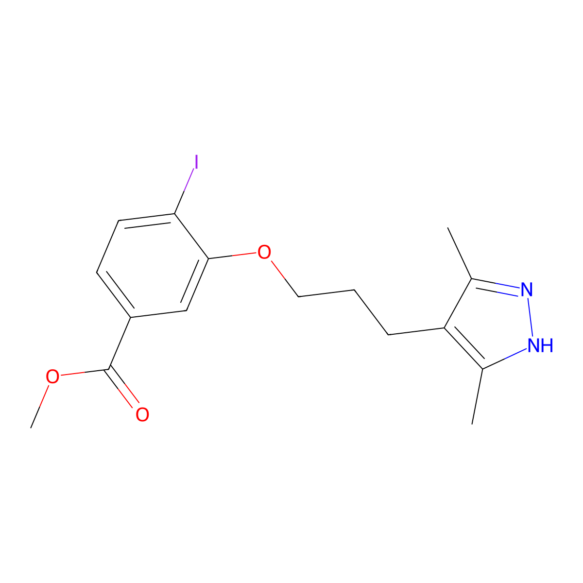 Methyl 3-(3-(3,5-dimethyl-1H-pyrazol-4-YL)propoxy)-4-iodobenzoate molecular structure, CAS 2413736-79-3