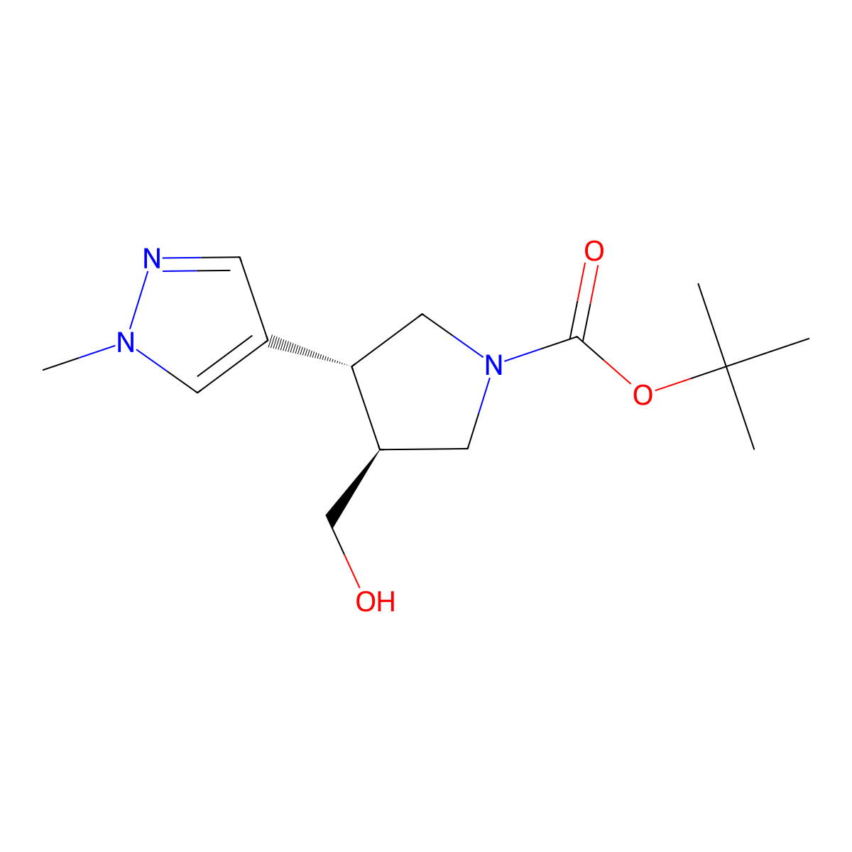 tert-butyl (3S,4R)-3-(hydroxymethyl)-4-(1-methyl-1H-pyrazol-4-yl)pyrrolidine-1-carboxylate molecular structure, CAS 2413846-42-9