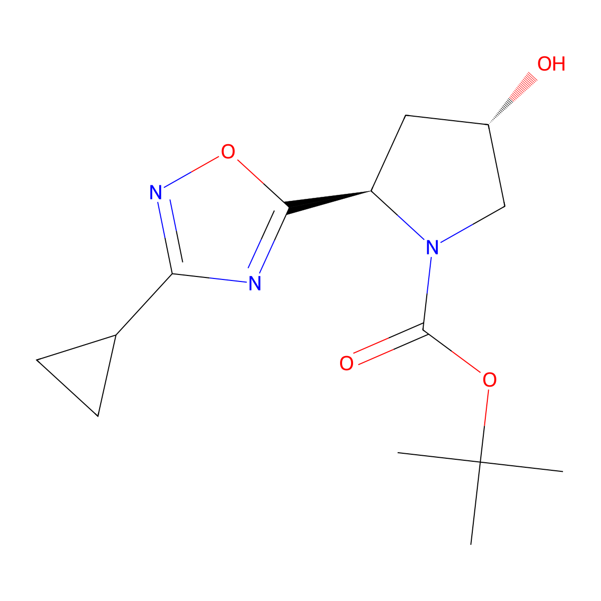 rac-tert-butyl (2R,4S)-2-(3-cyclopropyl-1,2,4-oxadiazol-5-yl)-4-hydroxypyrrolidine-1-carboxylate molecular structure, CAS 2413848-11-8