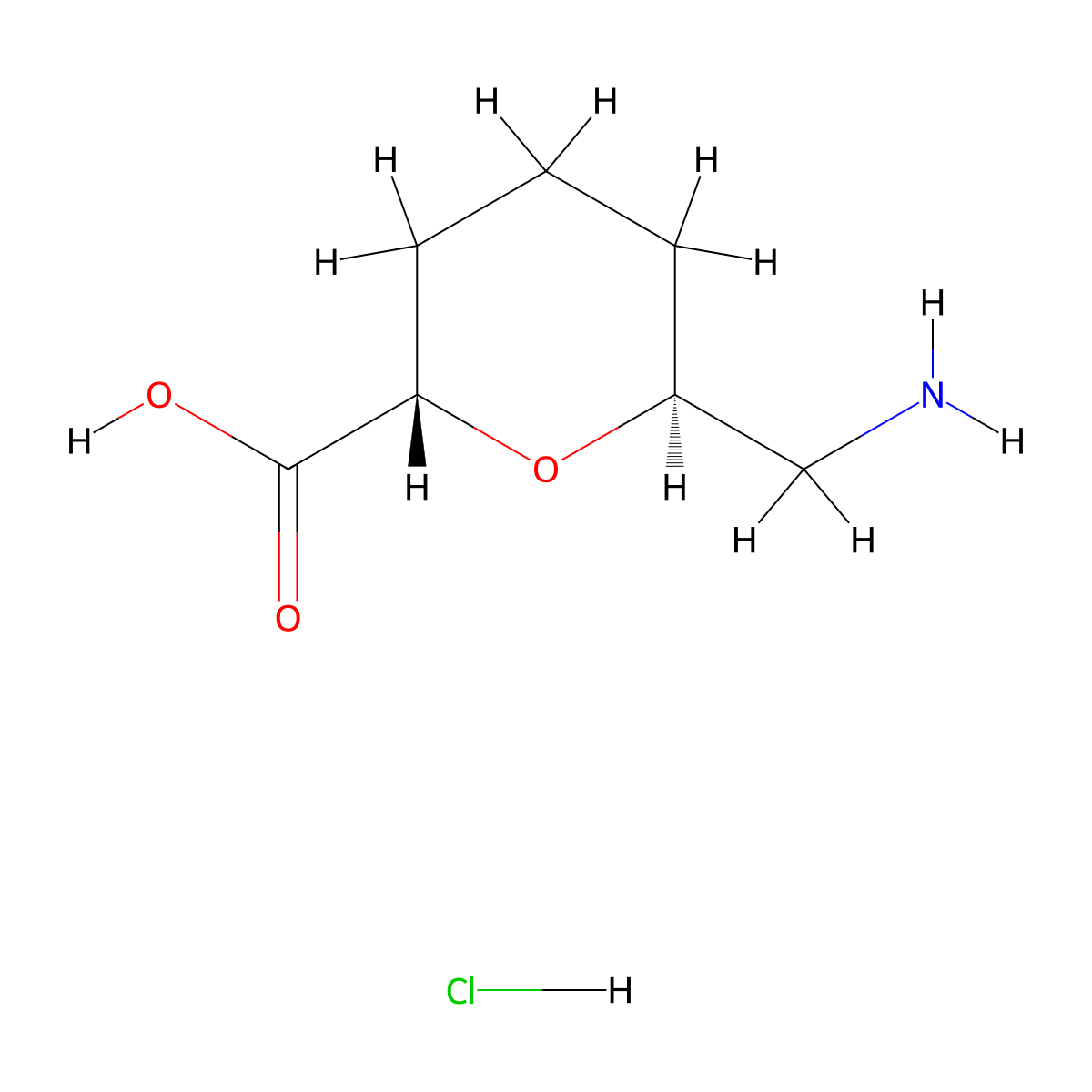 rac-(2R,6R)-6-(aminomethyl)oxane-2-carboxylic acid hydrochloride, trans molecular structure, CAS 2413848-26-5