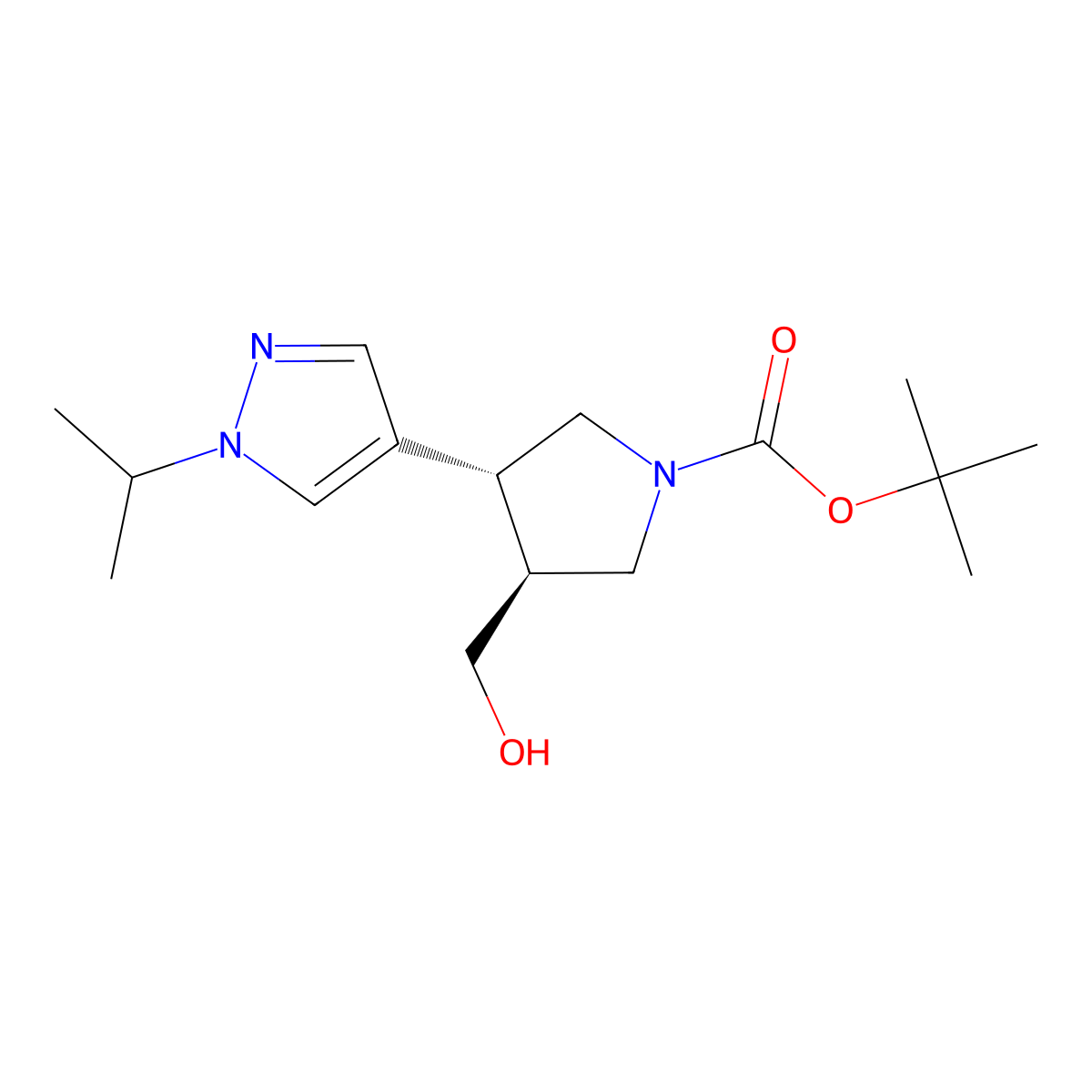 rac-tert-butyl (3R,4S)-3-(hydroxymethyl)-4-[1-(propan-2-yl)-1H-pyrazol-4-yl]pyrrolidine-1-carboxylate molecular structure, CAS 2413848-29-8