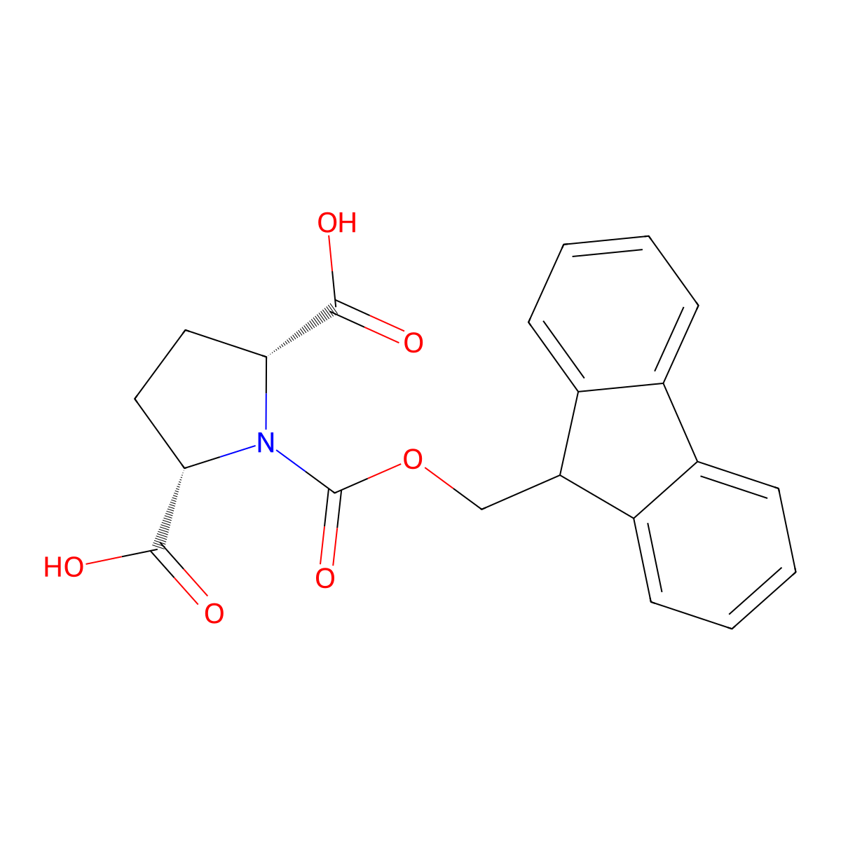 (2R,5S)-1-{[(9H-fluoren-9-yl)methoxy]carbonyl}pyrrolidine-2,5-dicarboxylic acid, cis molecular structure, CAS 2413848-43-6