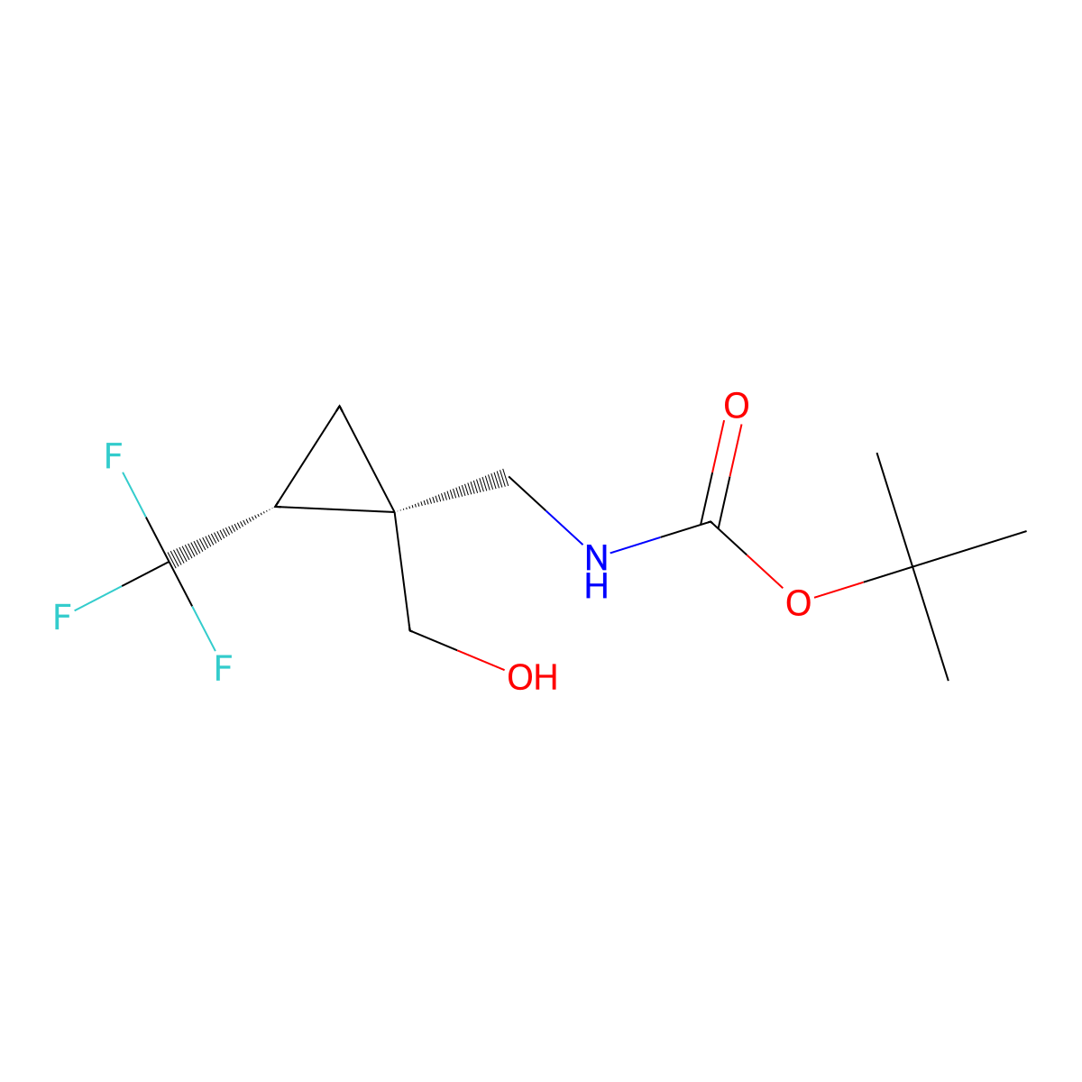 rac-tert-butyl N-{[(1R,2R)-1-(hydroxymethyl)-2-(trifluoromethyl)cyclopropyl]methyl}carbamate molecular structure, CAS 2413848-57-2