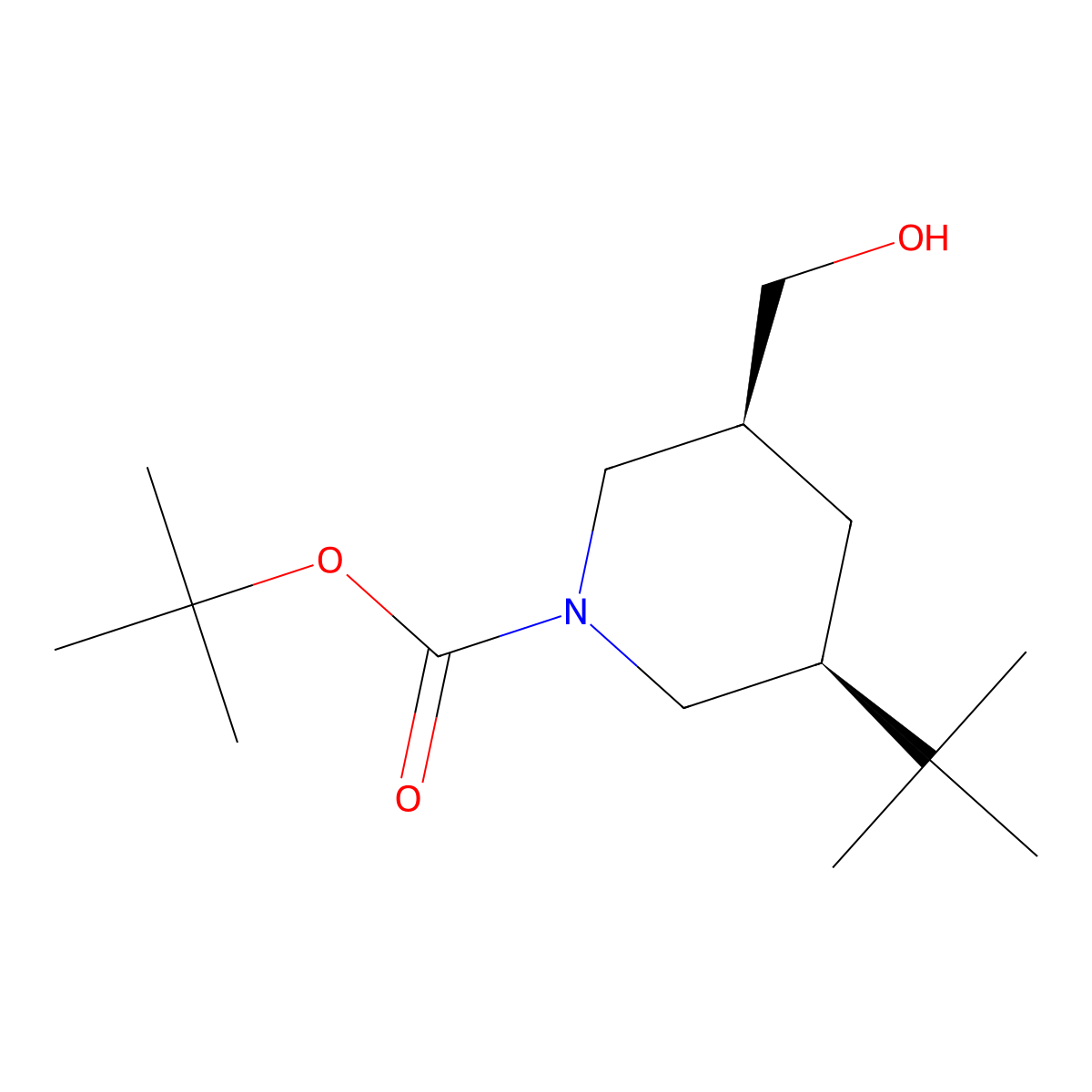rac-tert-butyl (3R,5R)-3-tert-butyl-5-(hydroxymethyl)piperidine-1-carboxylate molecular structure, CAS 2413848-58-3