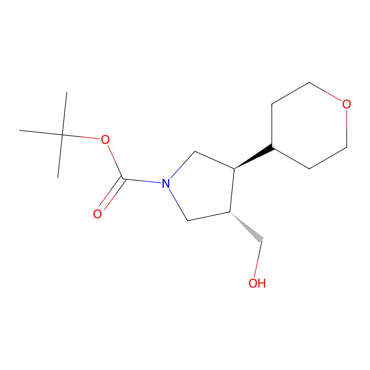 rac-tert-butyl (3R,4R)-3-(hydroxymethyl)-4-(oxan-4-yl)pyrrolidine-1-carboxylate molecular structure, CAS 2413848-83-4