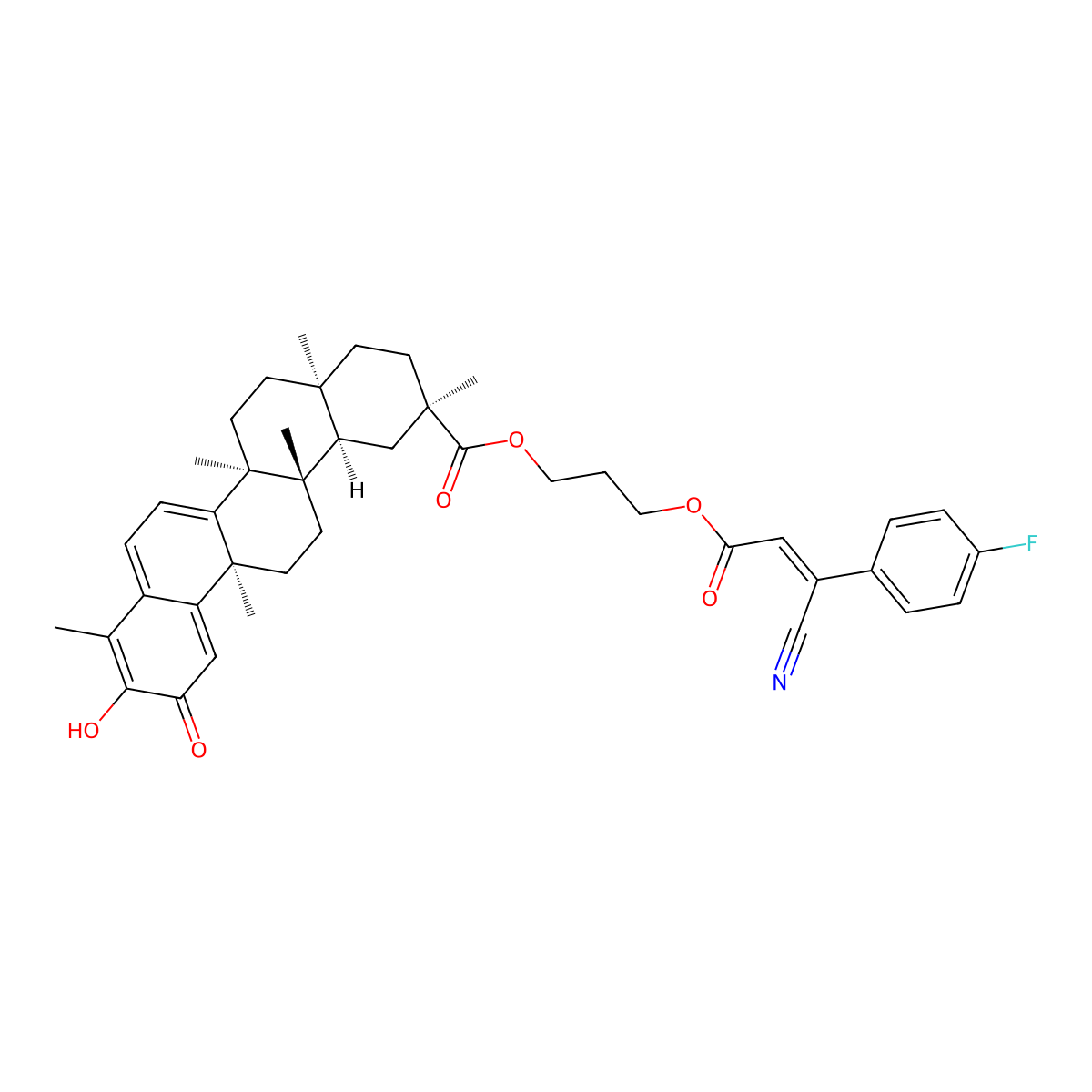 (9beta,13alpha,14beta,20alpha)-3-hydroxy-9,13-dimethyl-2-oxo-24,25,26-trinoroleana-1(10),3,5,7-tetraen-29-oic acid, 3-[[(2Z)-3-cyano-3-(4-fluorophenyl)-1-oxo-2-propen-1-yl]oxy]propyl ester molecular structure, CAS 2413849-81-5