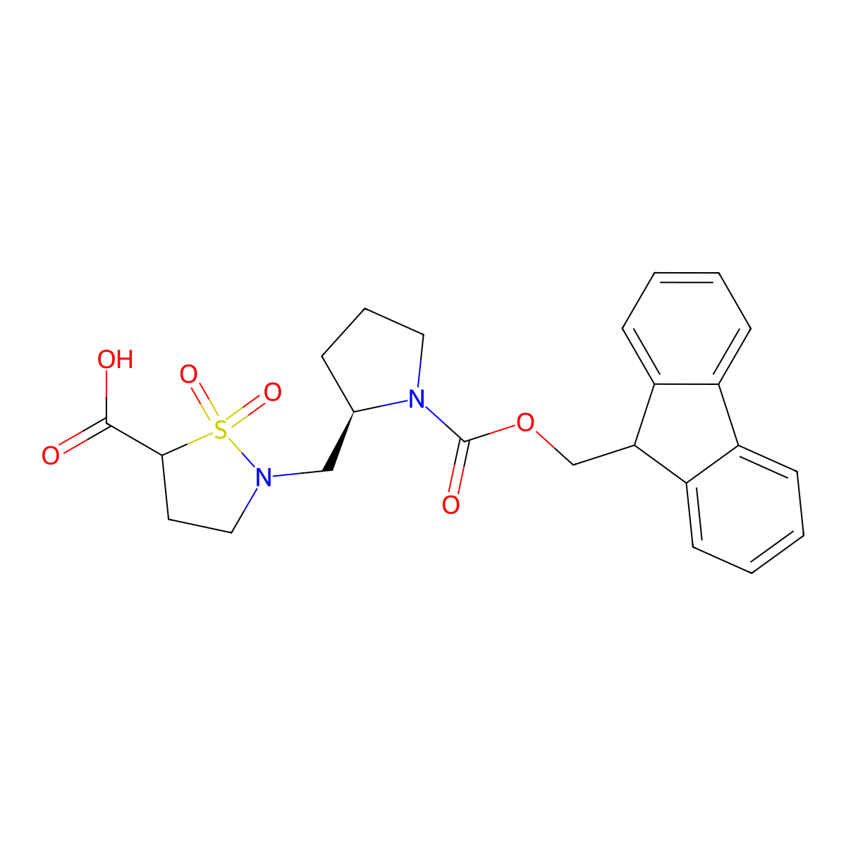 2-{[(2R)-1-{[(9H-fluoren-9-yl)methoxy]carbonyl}pyrrolidin-2-yl]methyl}-1,1-dioxo-1lambda6,2-thiazolidine-5-carboxylic acid molecular structure, CAS 2413864-27-2