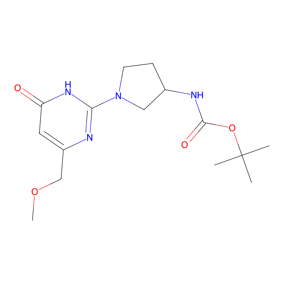 tert-butyl N-{1-[4-hydroxy-6-(methoxymethyl)pyrimidin-2-yl]pyrrolidin-3-yl}carbamate molecular structure, CAS 2413867-01-1