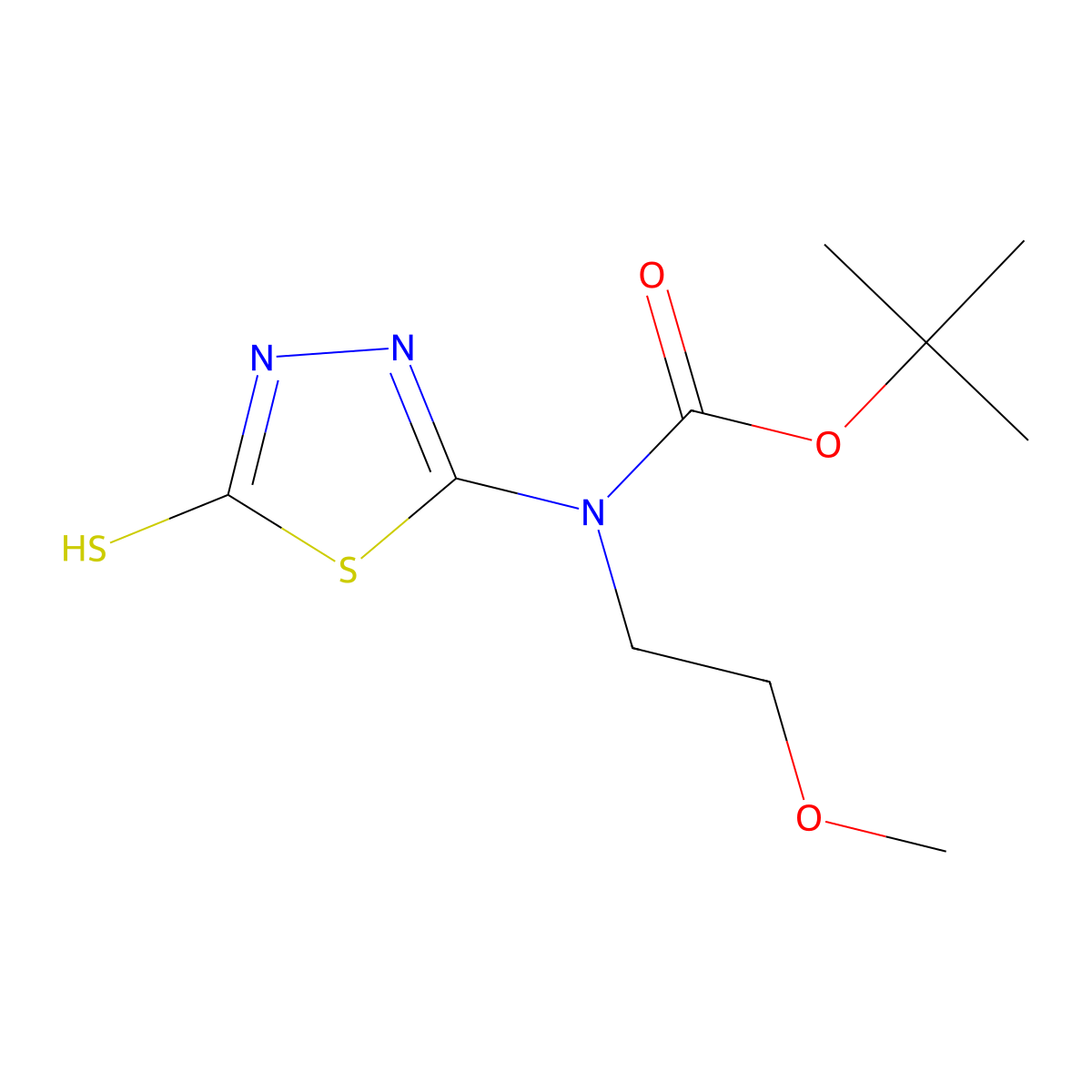 tert-butyl N-(2-methoxyethyl)-N-(5-sulfanyl-1,3,4-thiadiazol-2-yl)carbamate molecular structure, CAS 2413867-06-6