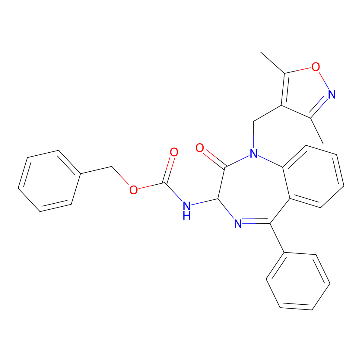 benzyl N-{1-[(3,5-dimethyl-1,2-oxazol-4-yl)methyl]-2-oxo-5-phenyl-2,3-dihydro-1H-1,4-benzodiazepin-3-yl}carbamate molecular structure, CAS 2413867-30-6
