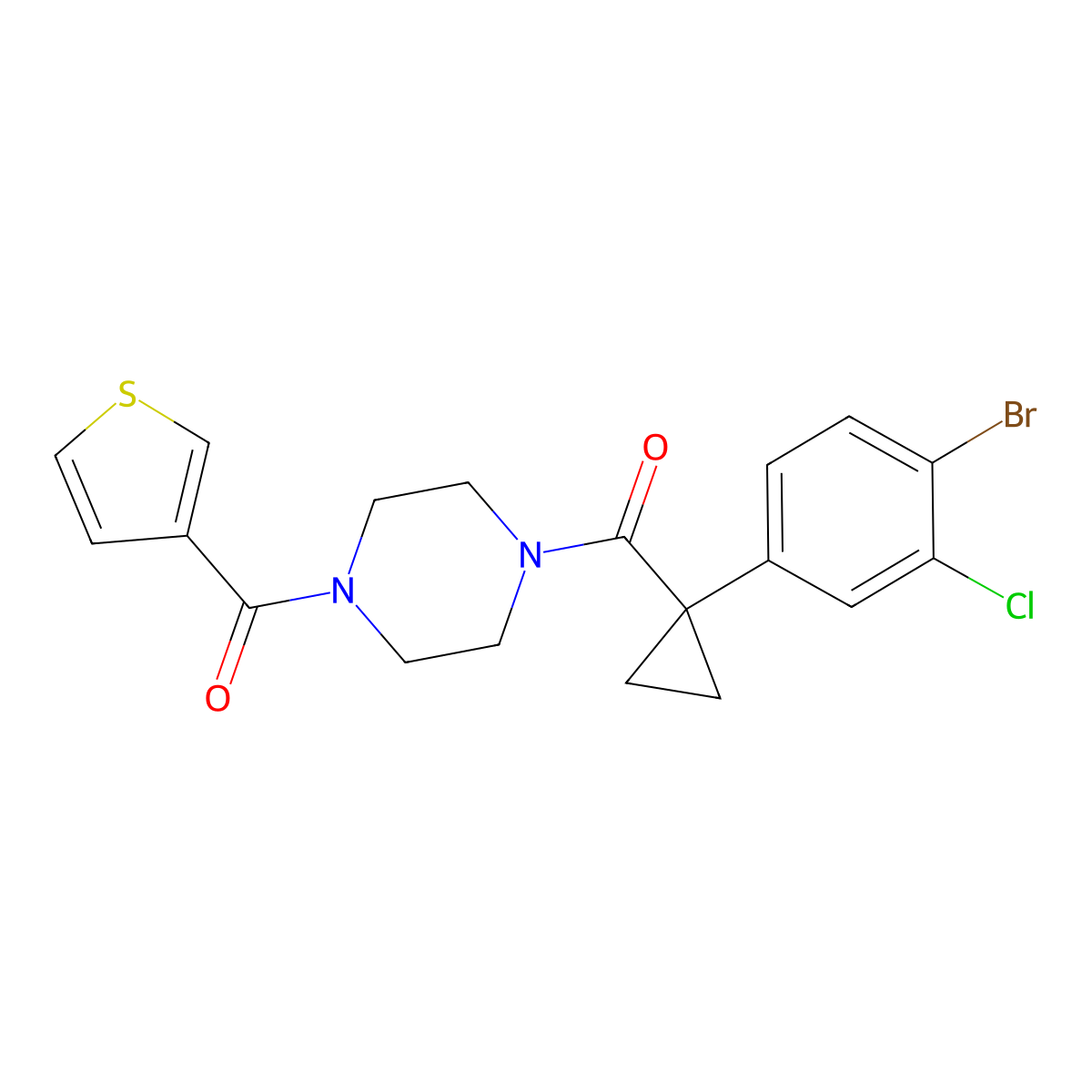 1-[1-(4-Bromo-3-chlorophenyl)cyclopropanecarbonyl]-4-(thiophene-3-carbonyl)piperazine molecular structure, CAS 2413867-61-3