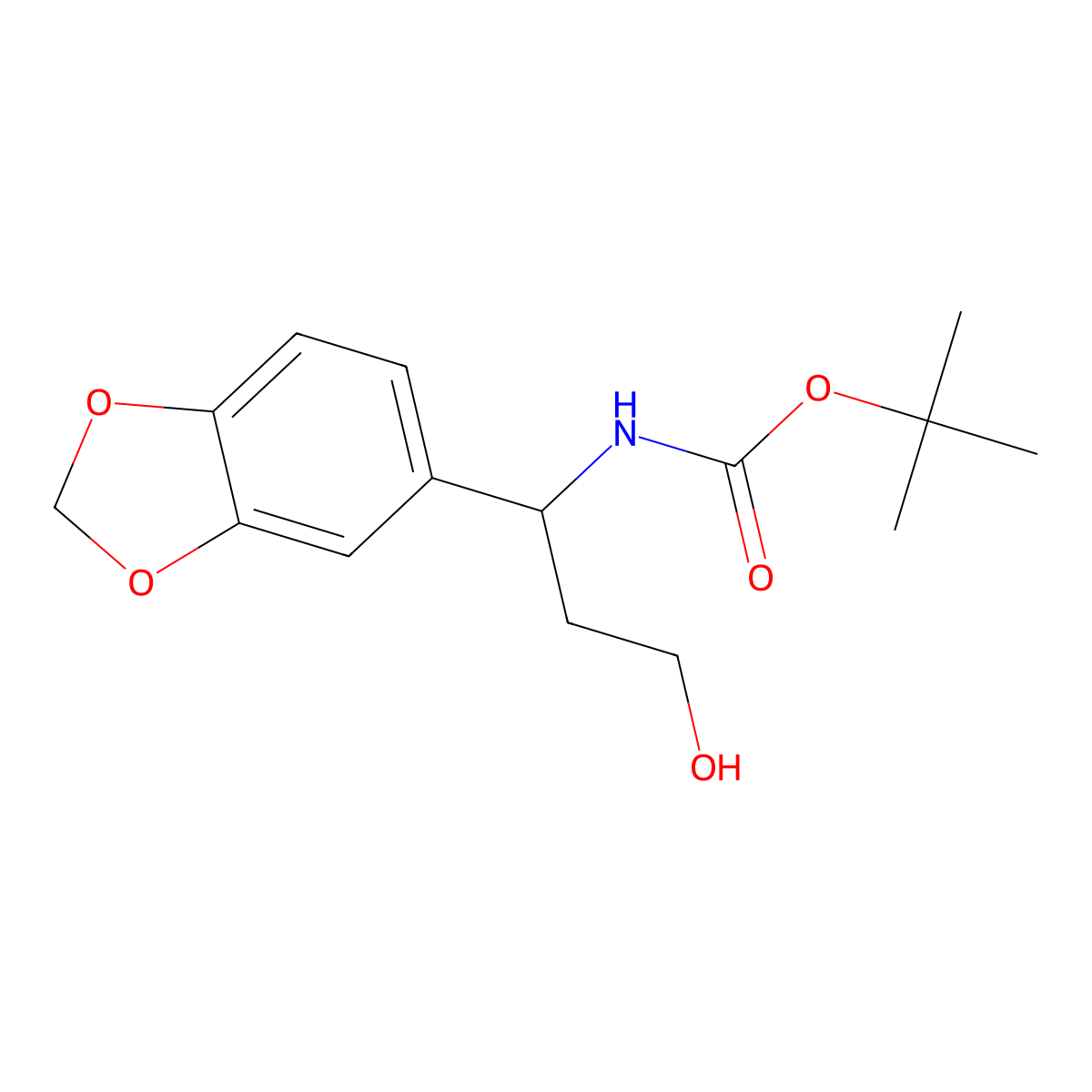 tert-butyl N-[1-(1,3-dioxaindan-5-yl)-3-hydroxypropyl]carbamate molecular structure, CAS 2413868-15-0