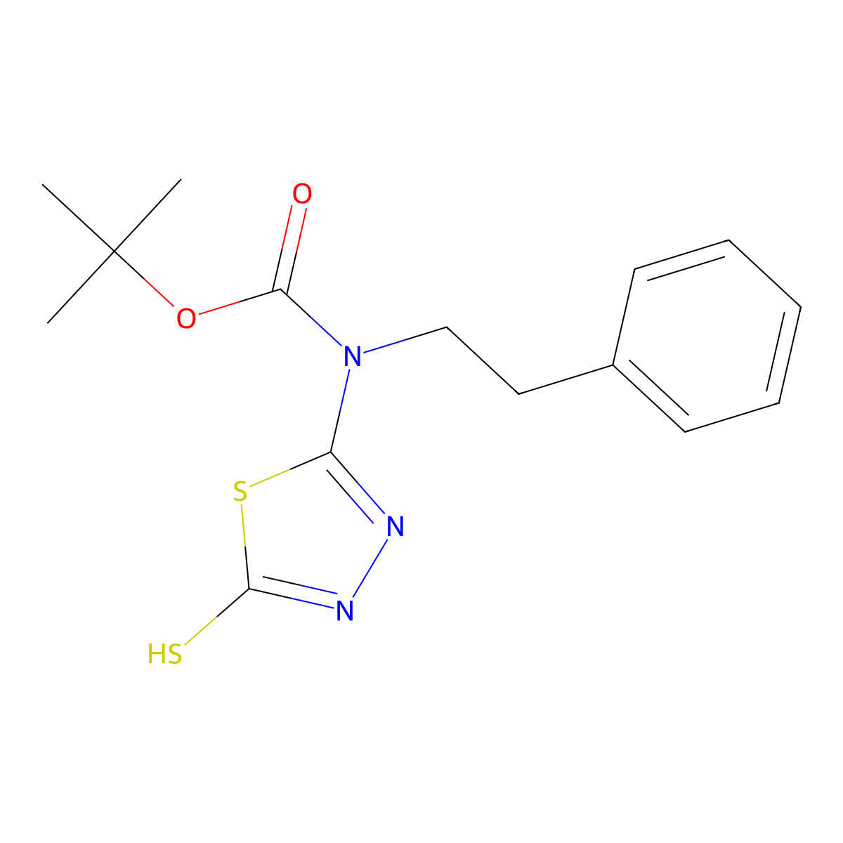 tert-butyl N-(2-phenylethyl)-N-(5-sulfanyl-1,3,4-thiadiazol-2-yl)carbamate molecular structure, CAS 2413869-63-1