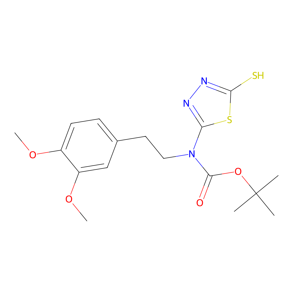 tert-butyl N-[2-(3,4-dimethoxyphenyl)ethyl]-N-(5-sulfanyl-1,3,4-thiadiazol-2-yl)carbamate molecular structure, CAS 2413870-22-9