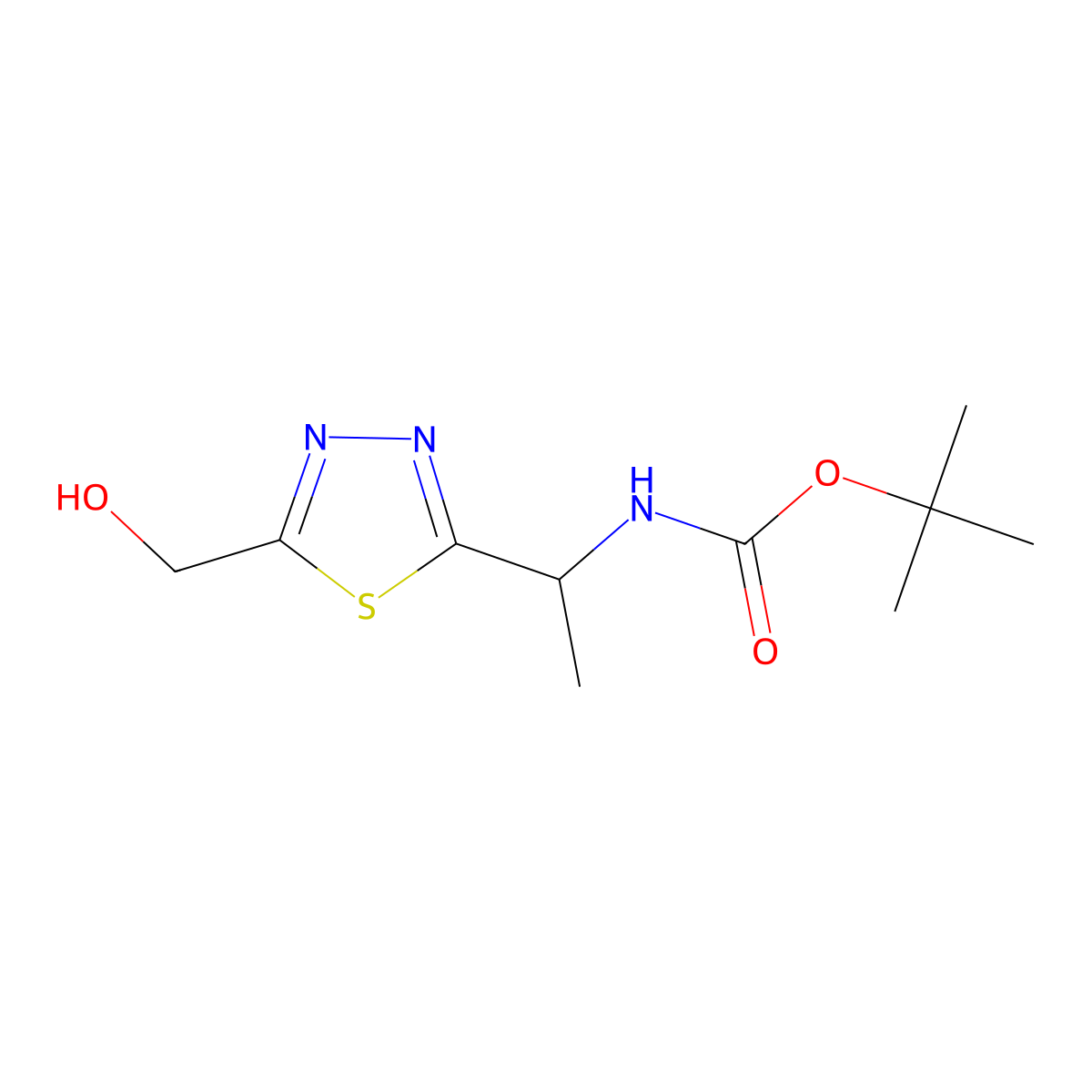 tert-butyl N-{1-[5-(hydroxymethyl)-1,3,4-thiadiazol-2-yl]ethyl}carbamate molecular structure, CAS 2413874-75-4