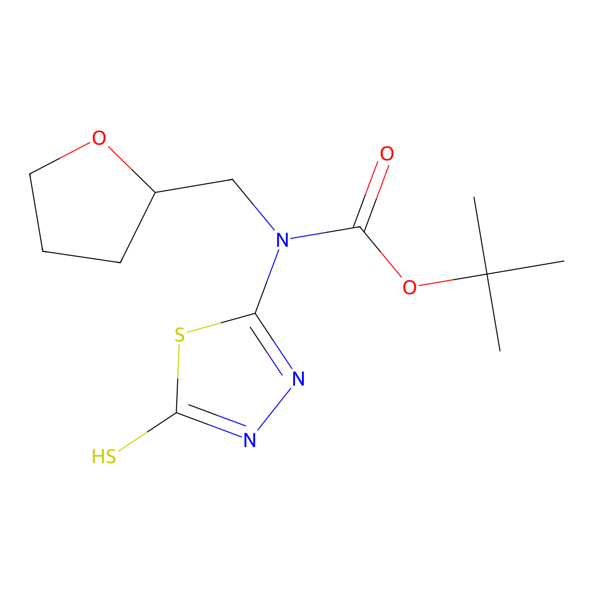 tert-butyl N-[(oxolan-2-yl)methyl]-N-(5-sulfanyl-1,3,4-thiadiazol-2-yl)carbamate molecular structure, CAS 2413875-11-1